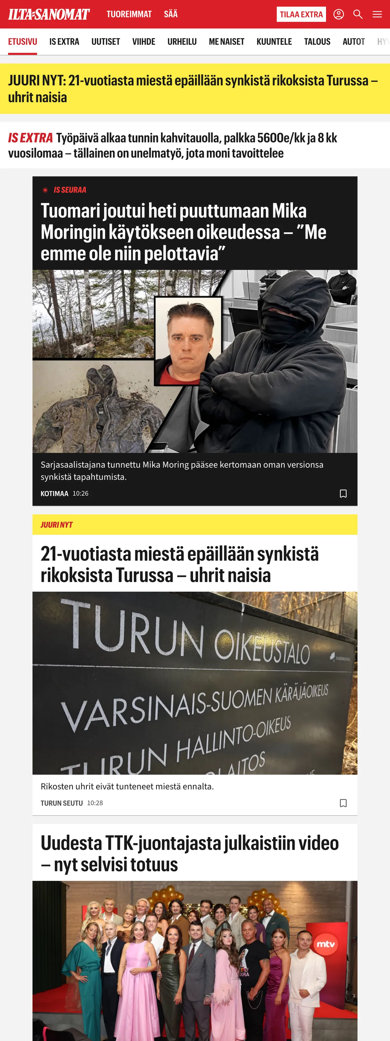Screenshot of the Ilta-Sanomat front page