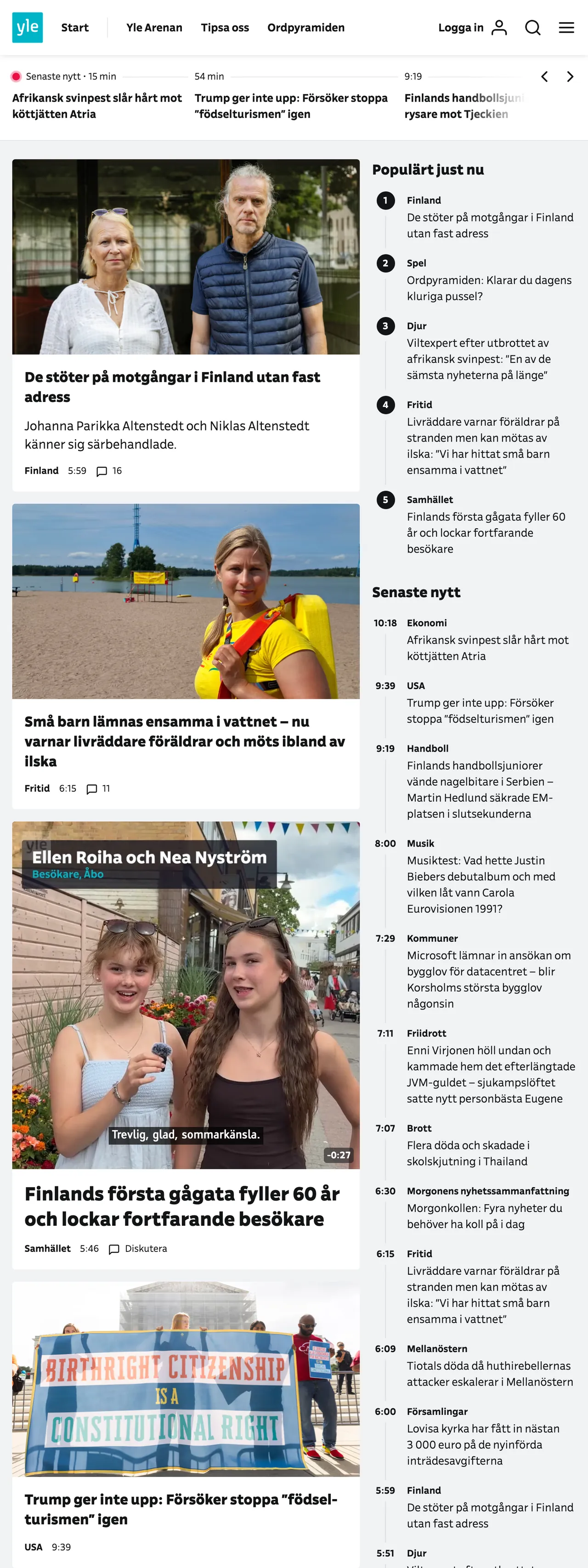 Screenshot of the Svenska Yle front page