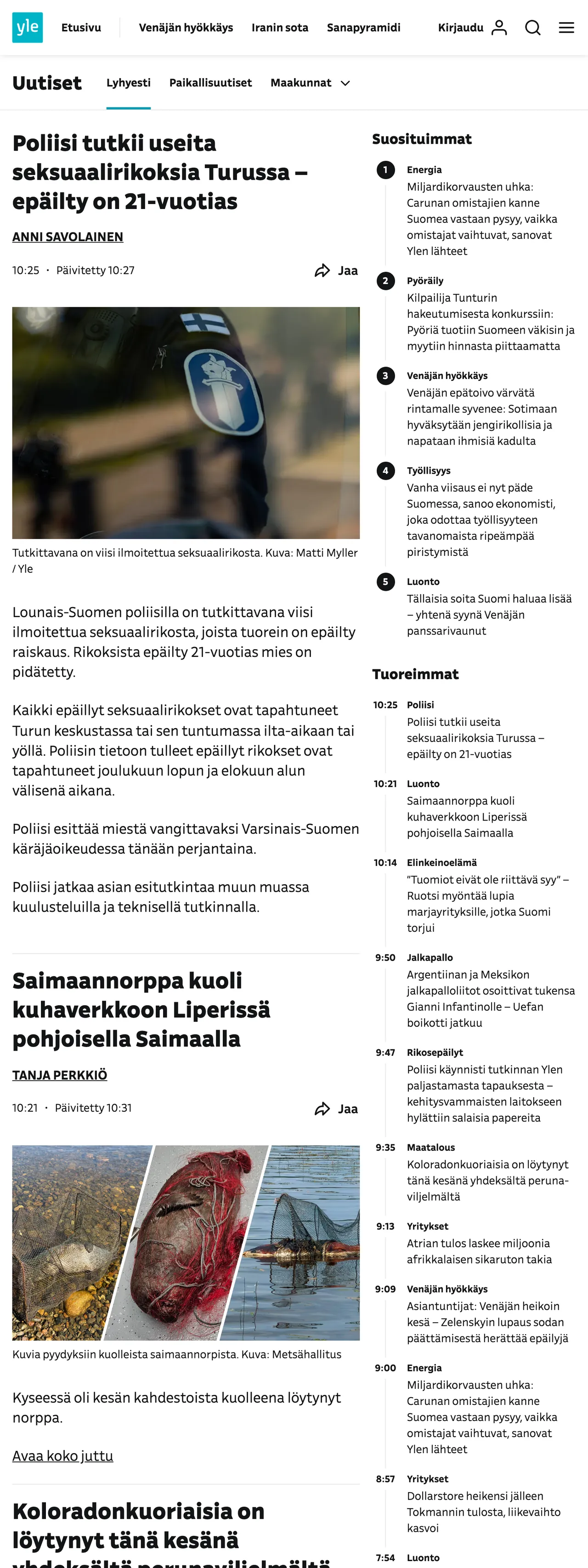 Screenshot of the Yle front page