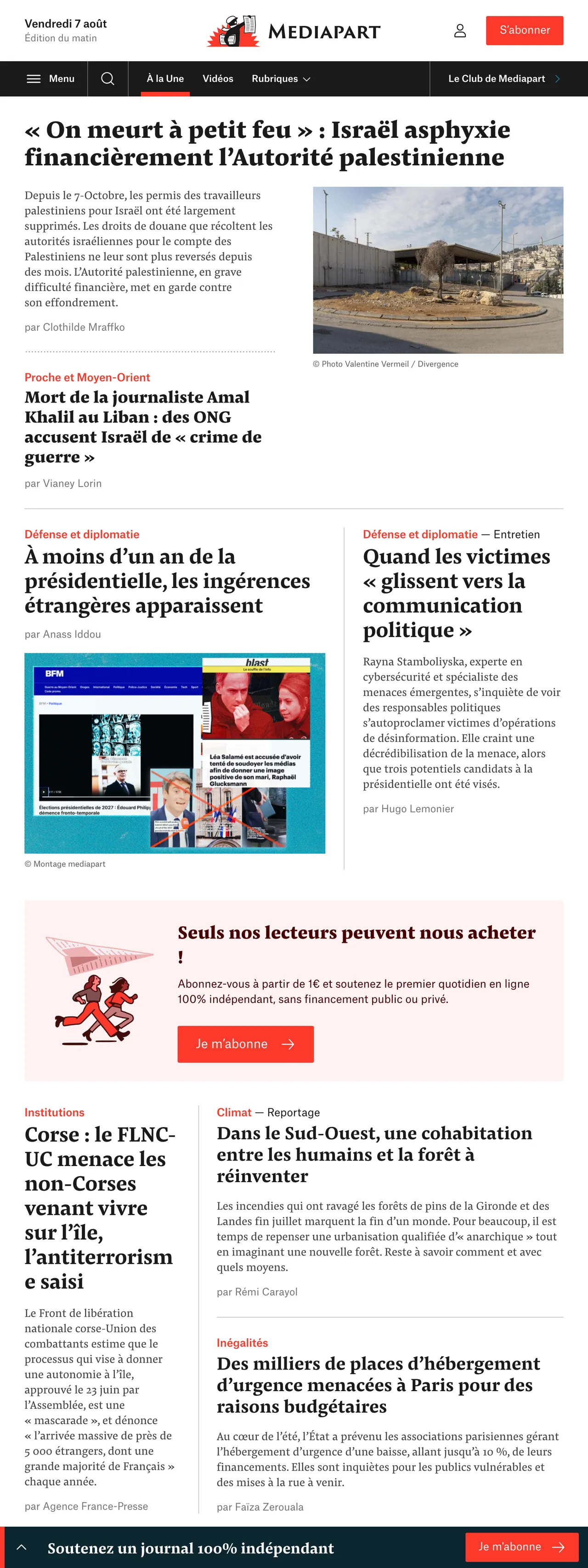 Screenshot of the Mediapart front page