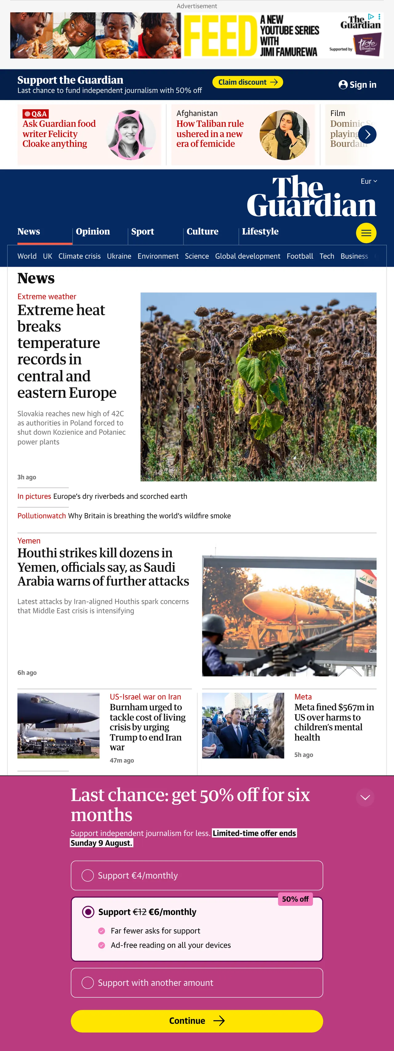 Screenshot of the The Guardian front page