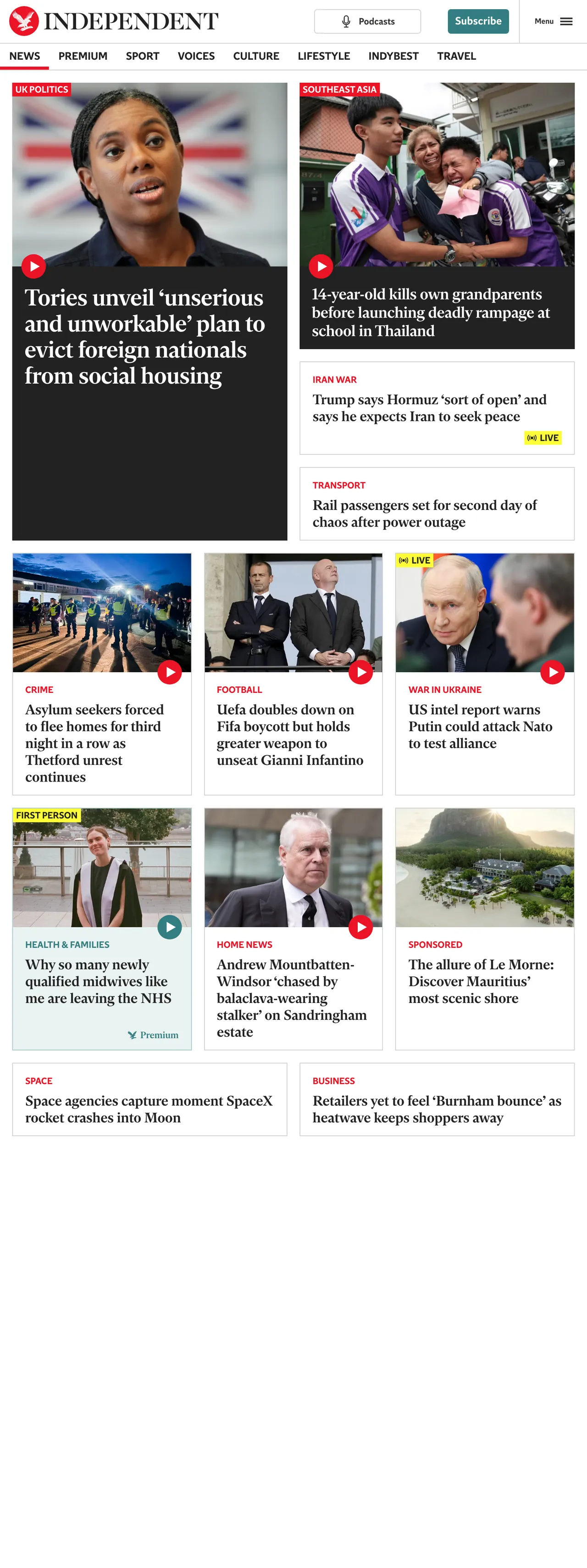 Screenshot of the The Independent front page