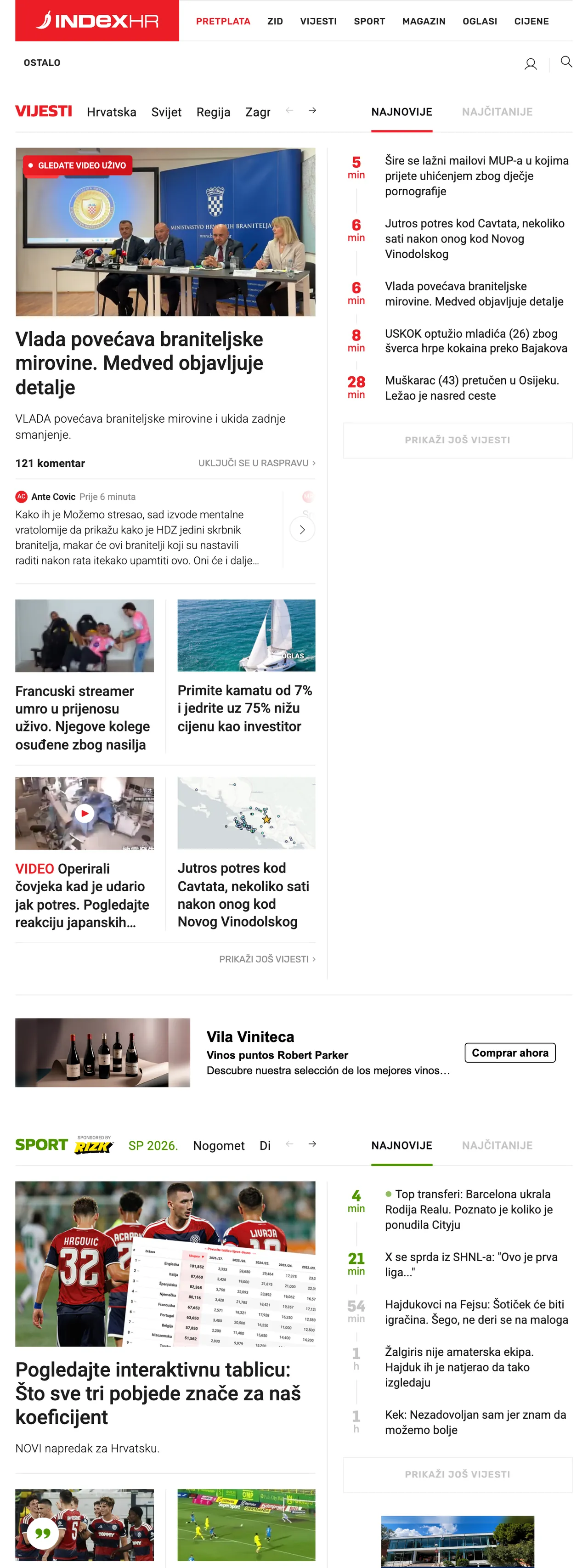 Screenshot of the Index.hr front page