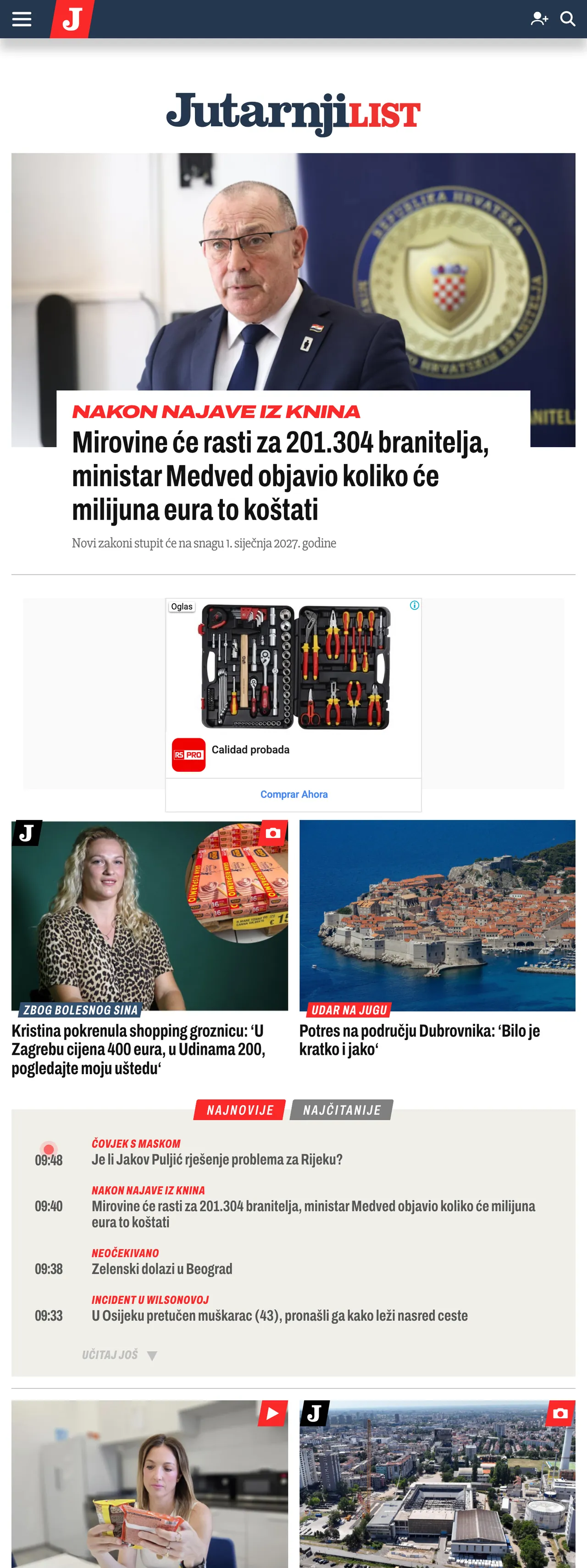 Screenshot of the Jutarnji list front page