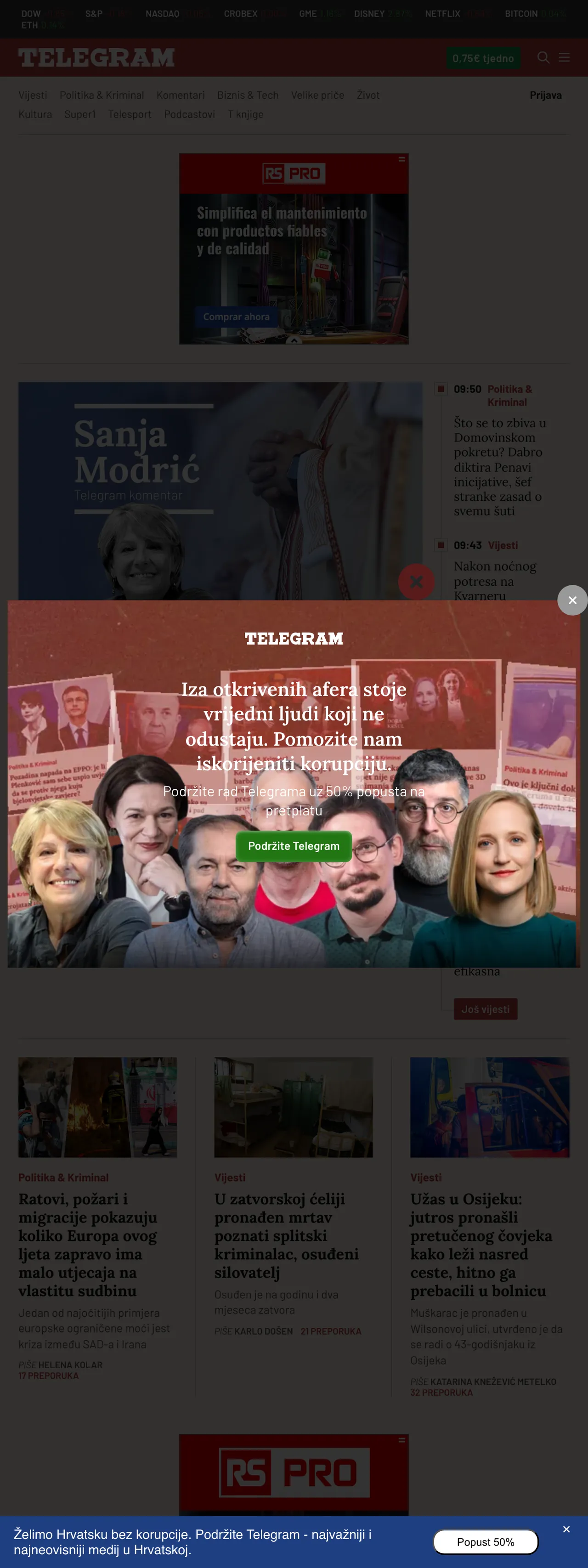 Screenshot of the Telegram.hr front page