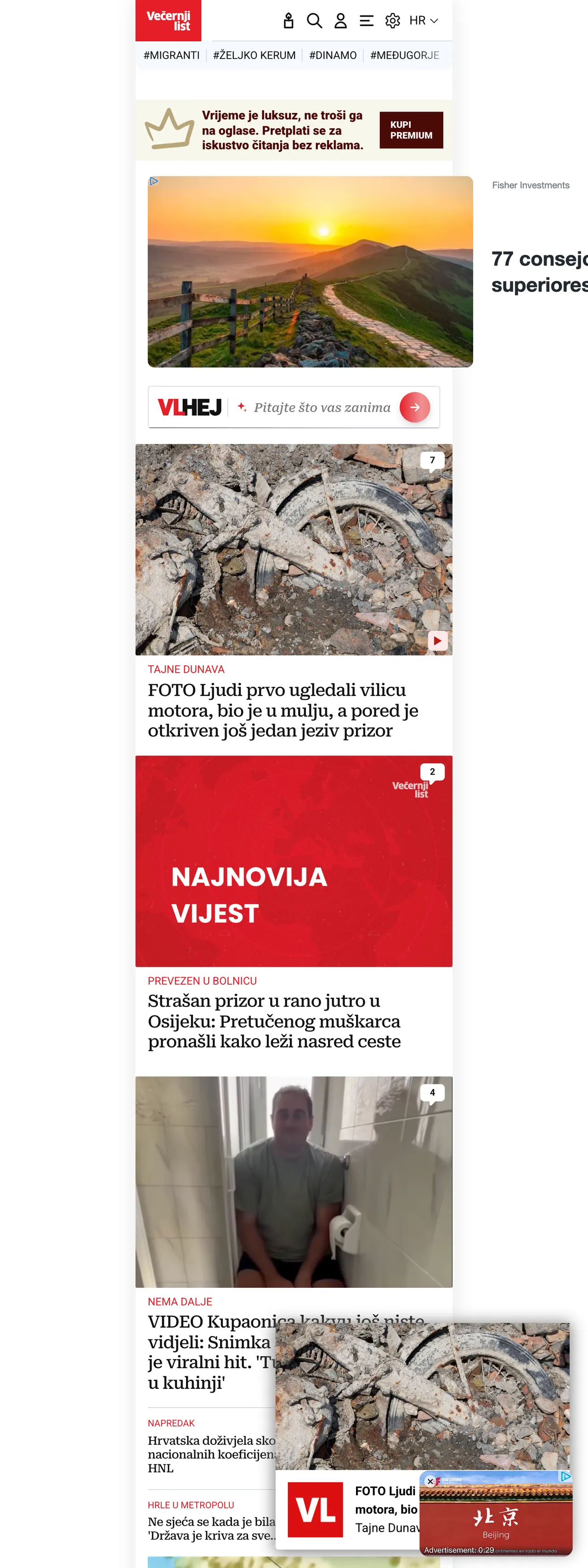 Screenshot of the Večernji list front page