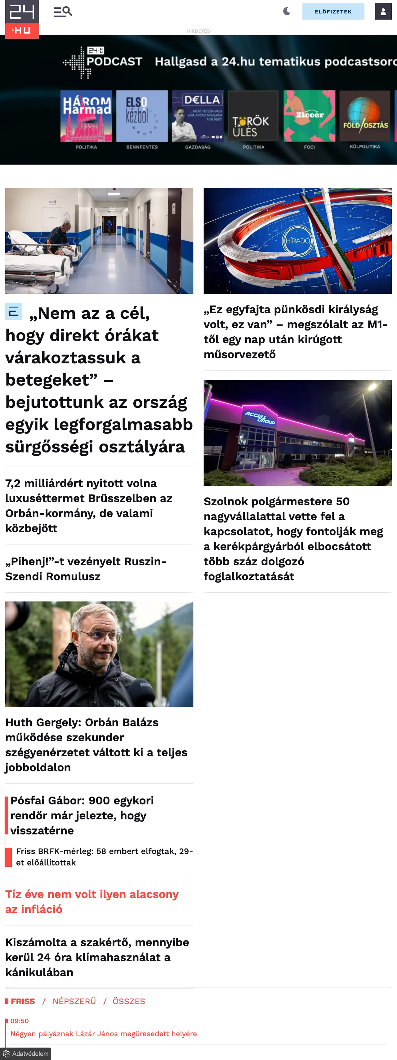 Screenshot of the 24.hu front page