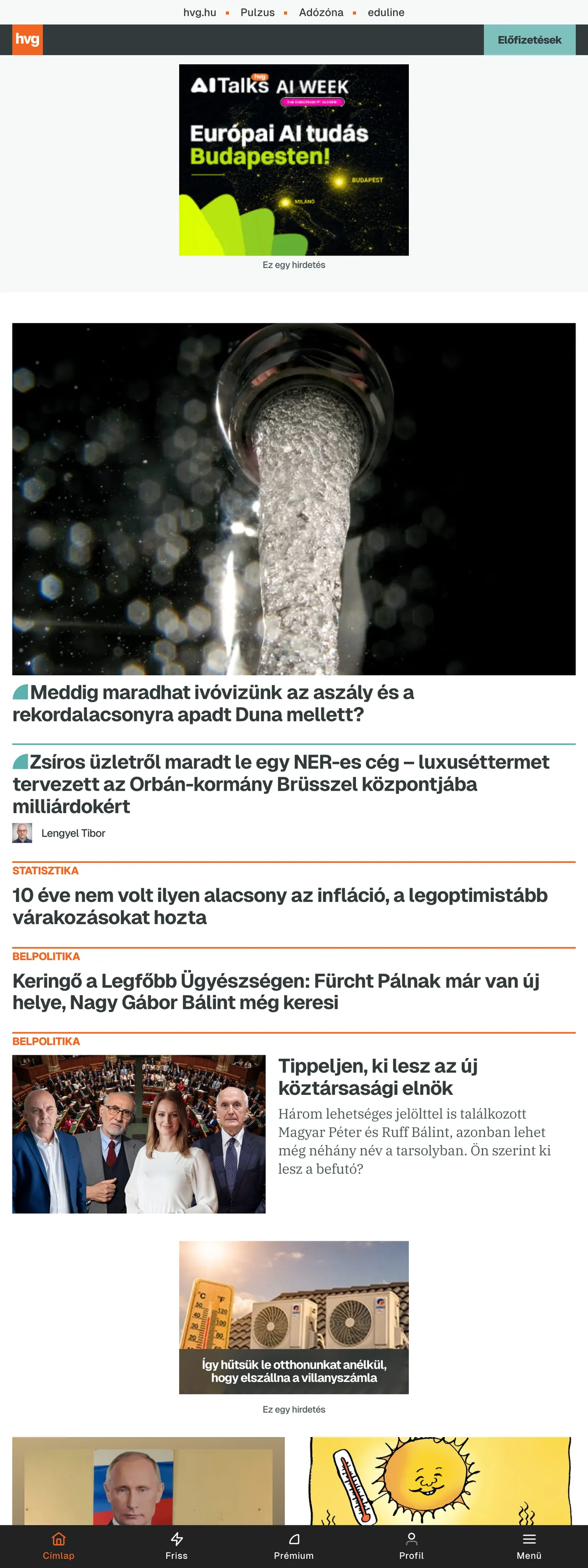 Screenshot of the HVG front page