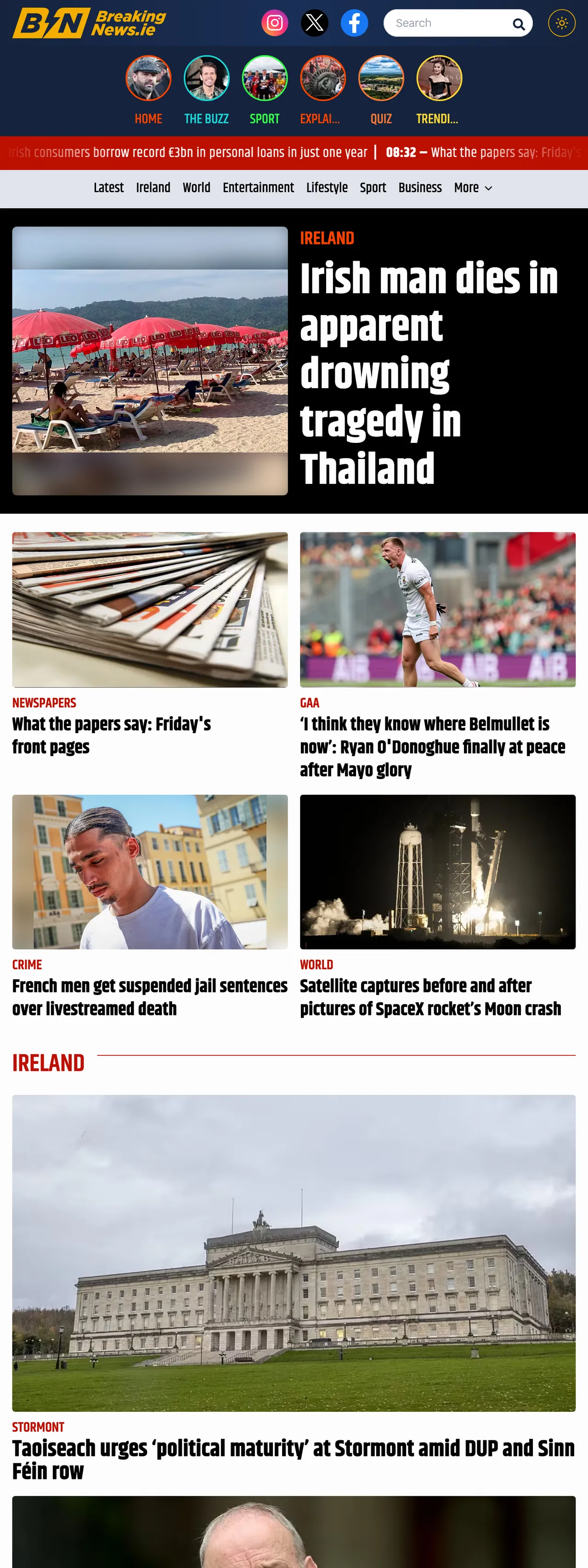 Screenshot of the BreakingNews.ie front page
