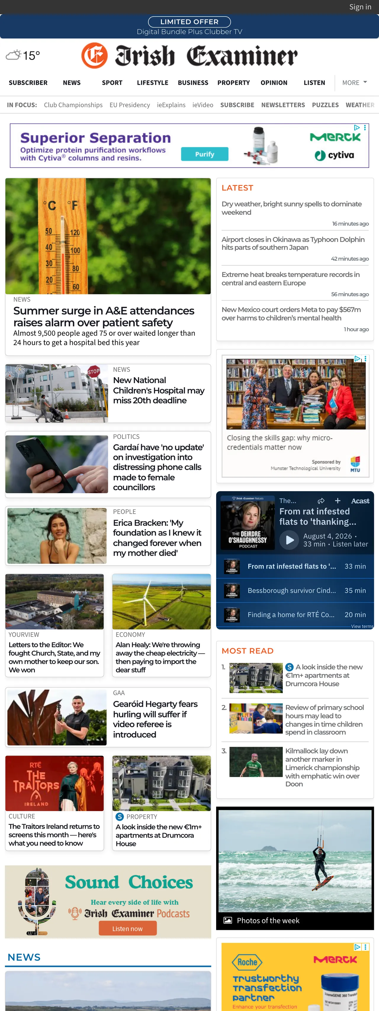 Screenshot of the Irish Examiner front page
