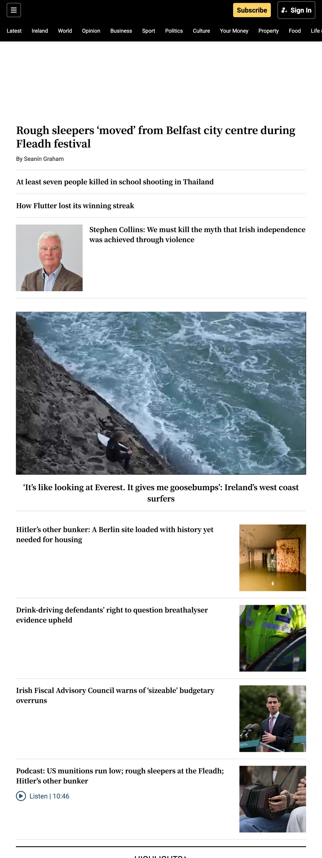 Screenshot of the The Irish Times front page