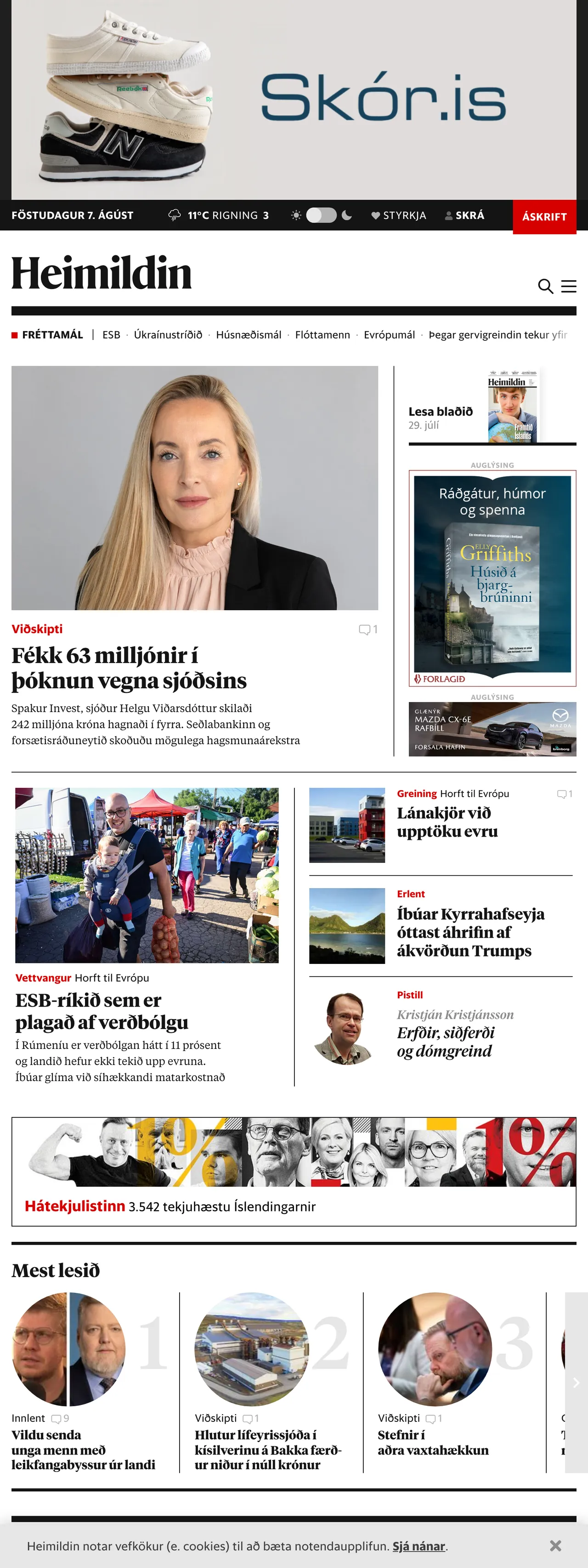 Screenshot of the Heimildin front page