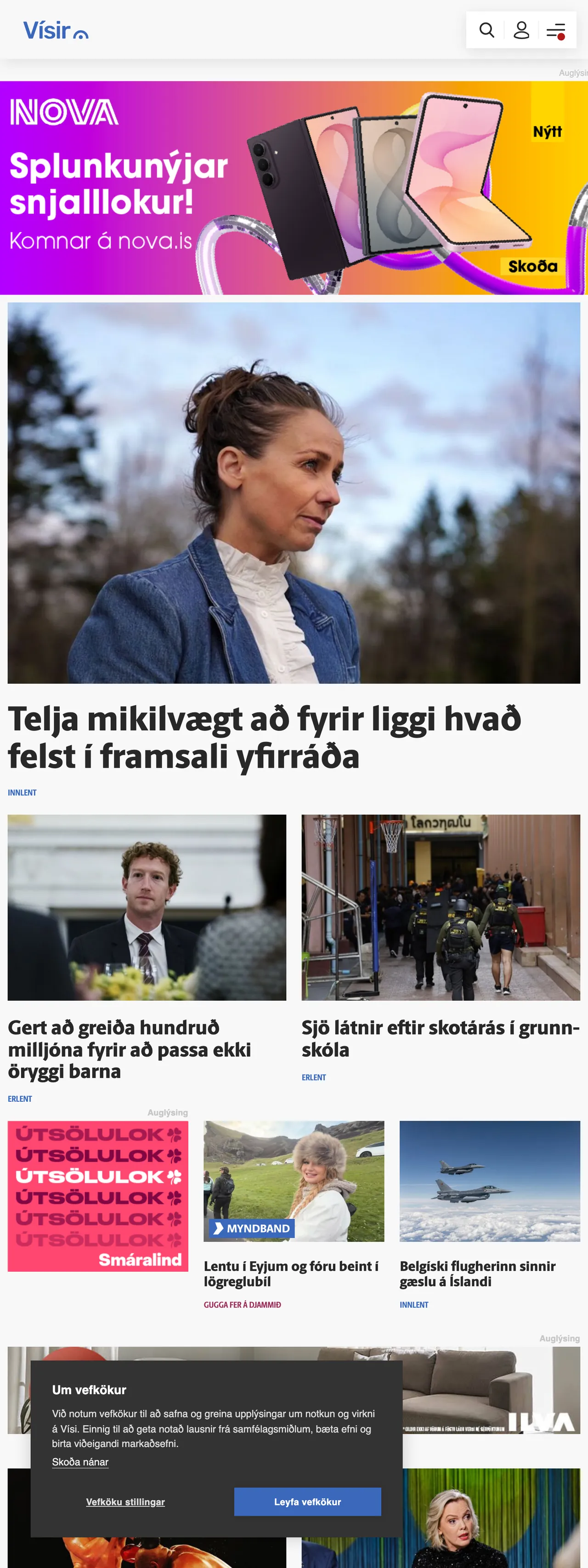 Screenshot of the Vísir front page
