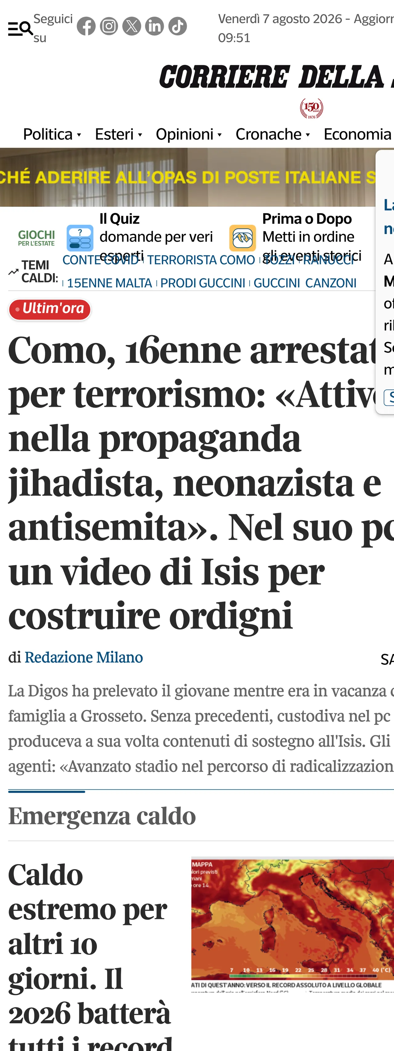 Screenshot of the Corriere della Sera front page