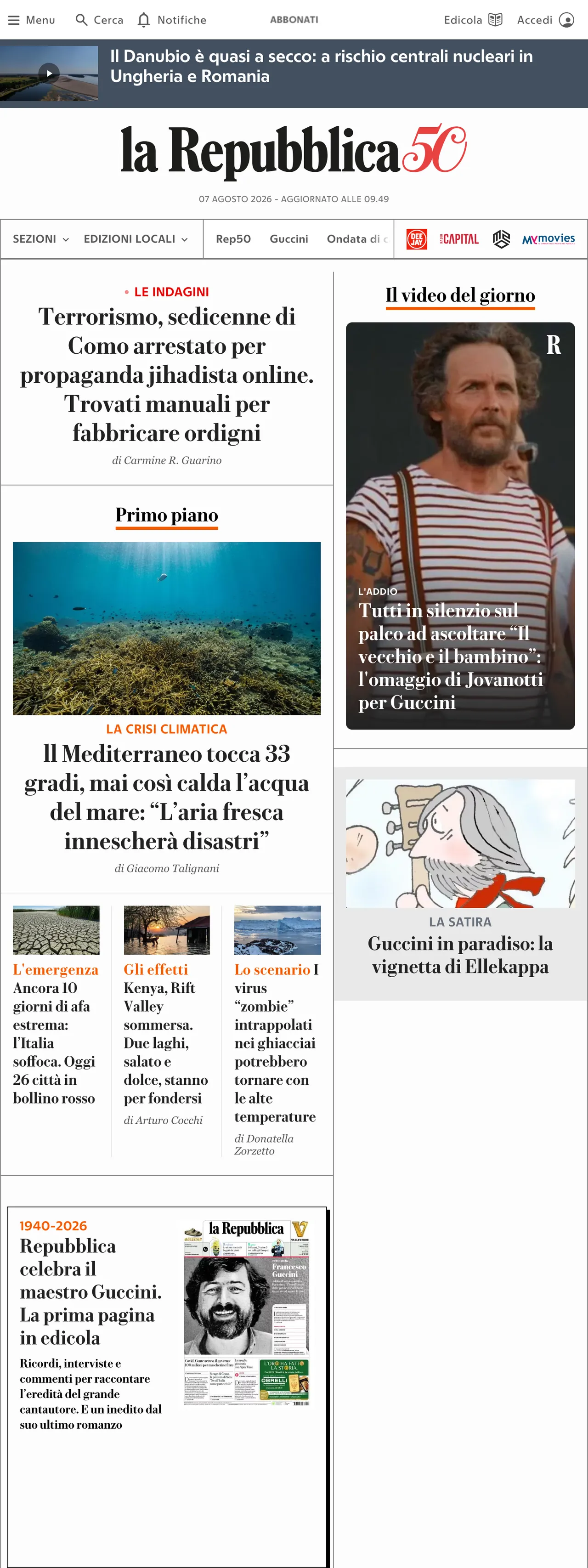 Screenshot of the la Repubblica front page
