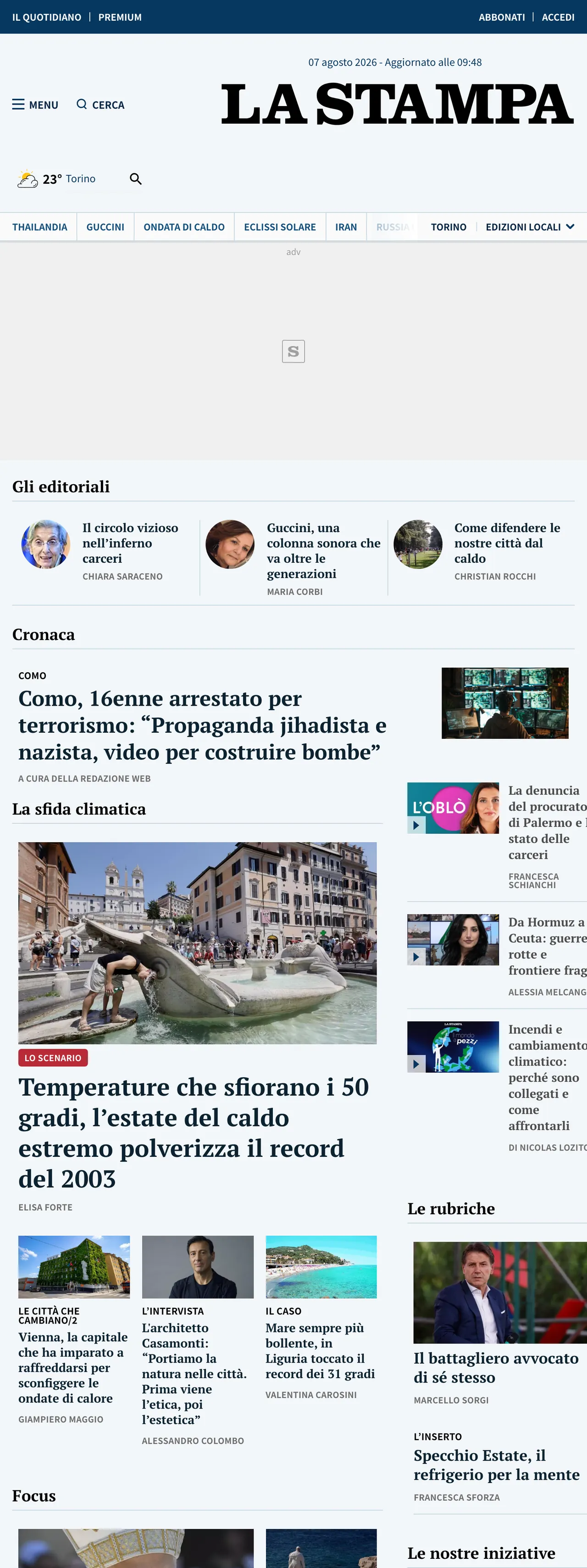 Screenshot of the La Stampa front page