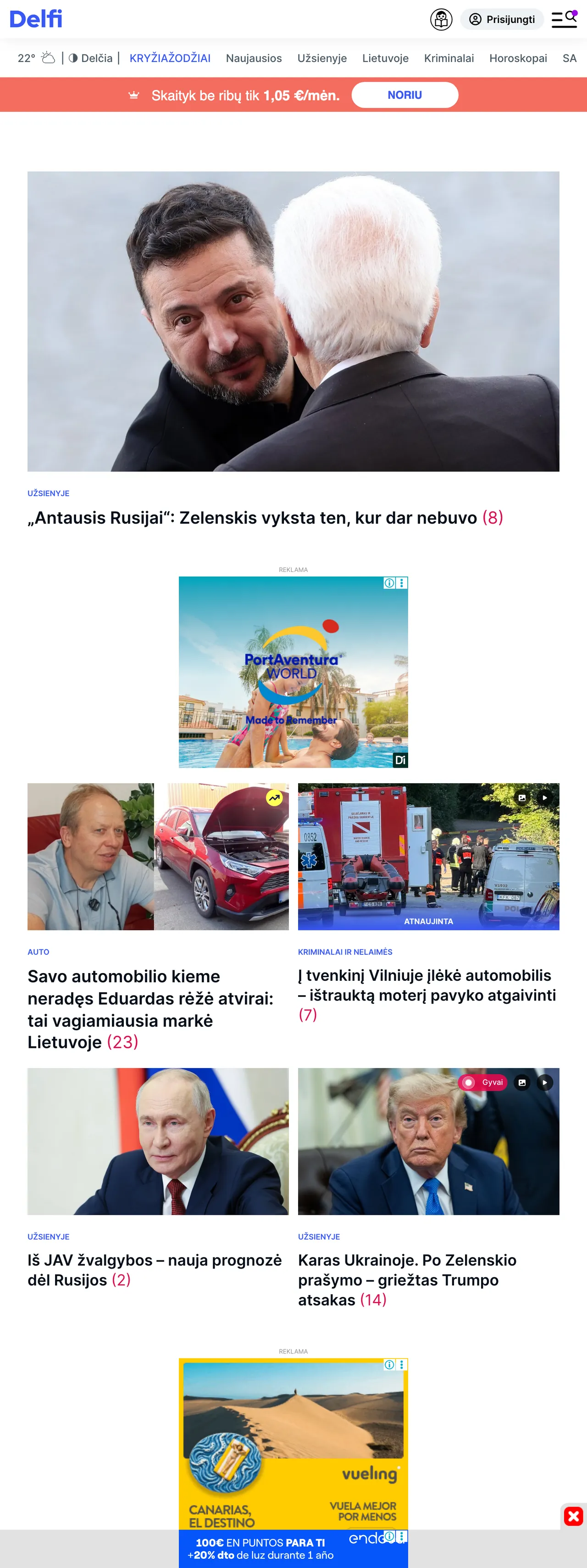 Screenshot of the Delfi front page