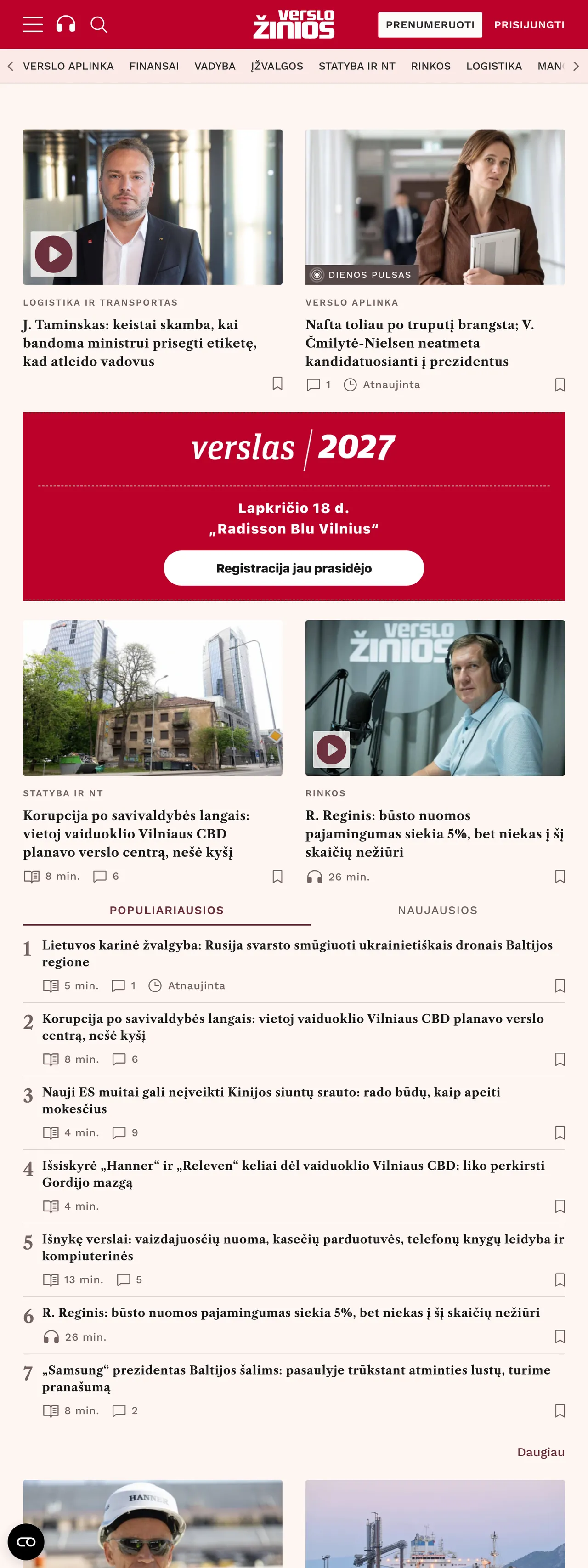 Screenshot of the Verslo žinios front page