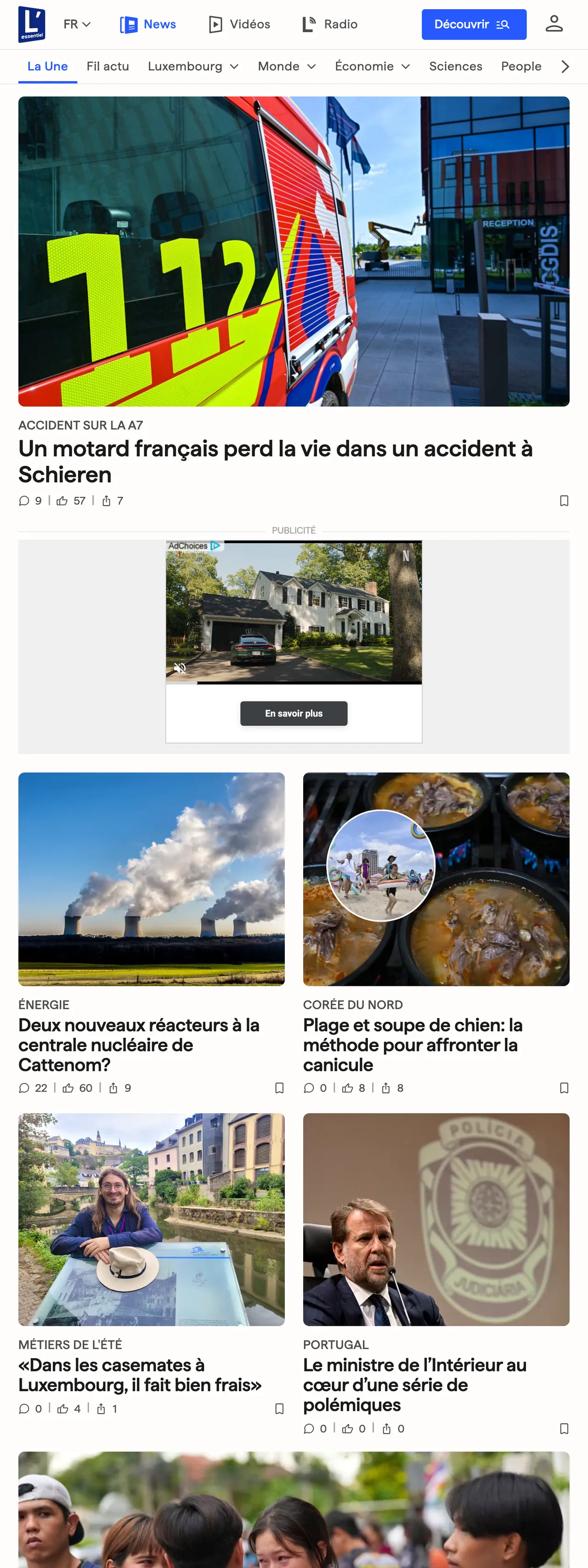 Screenshot of the L'essentiel front page
