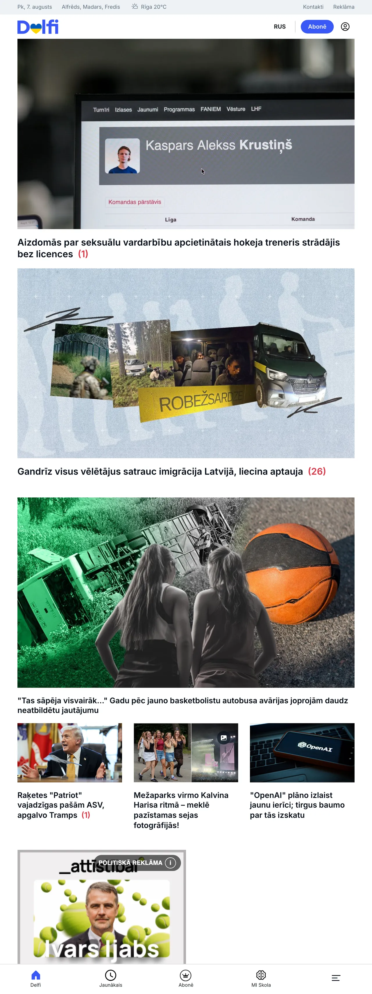 Screenshot of the Delfi front page