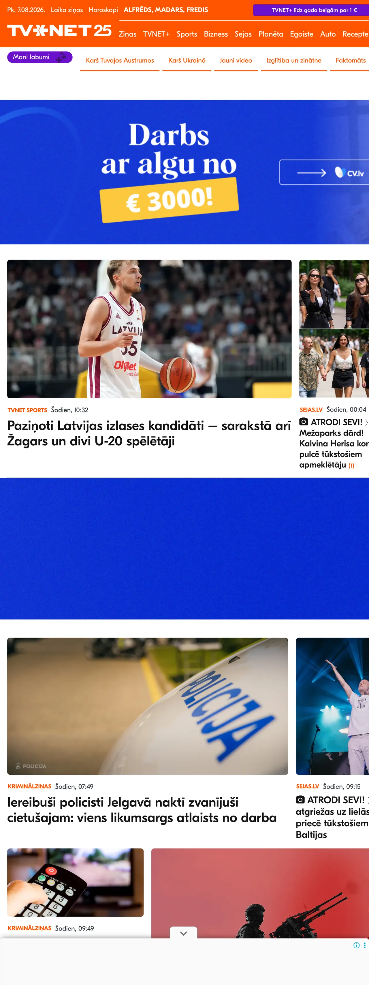 Screenshot of the TVNET front page