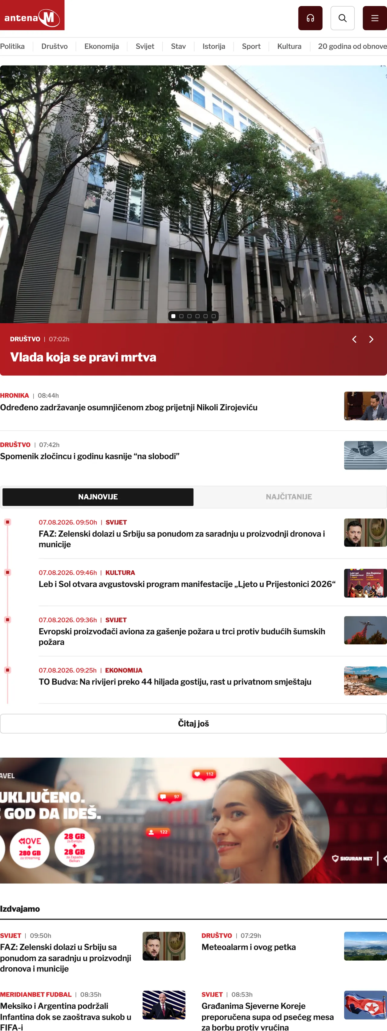 Screenshot of the Antena M front page