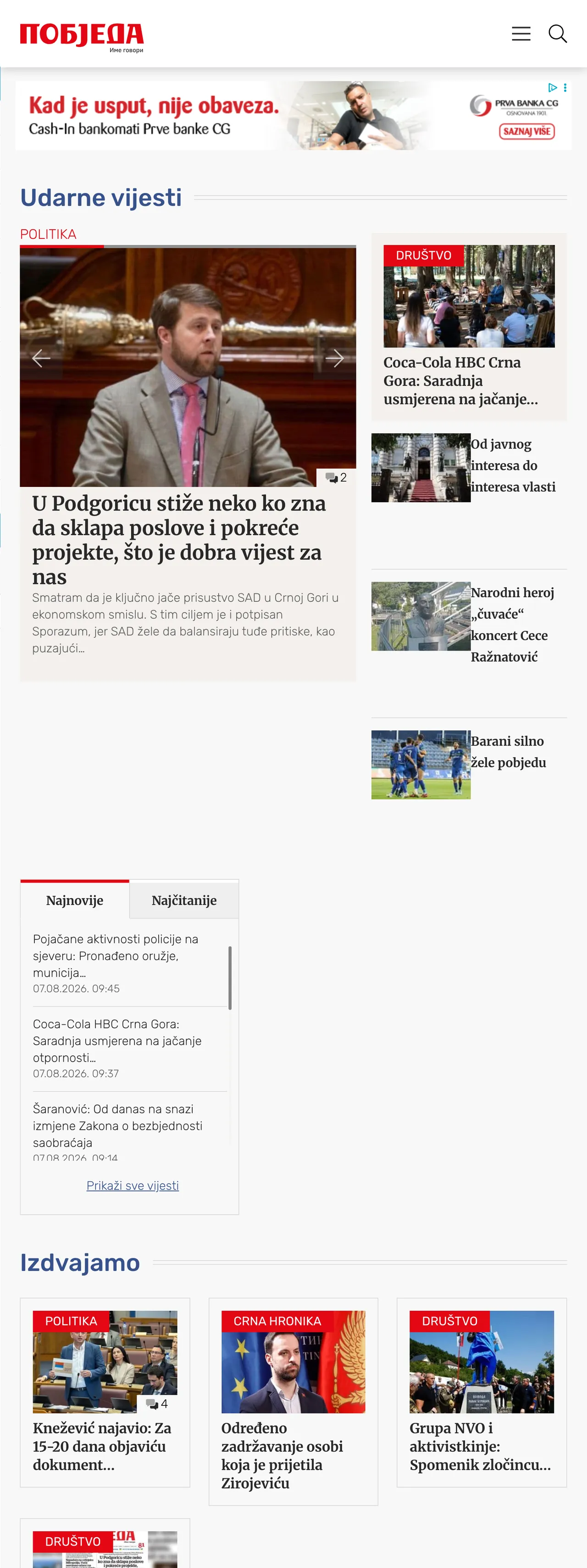 Screenshot of the Pobjeda front page