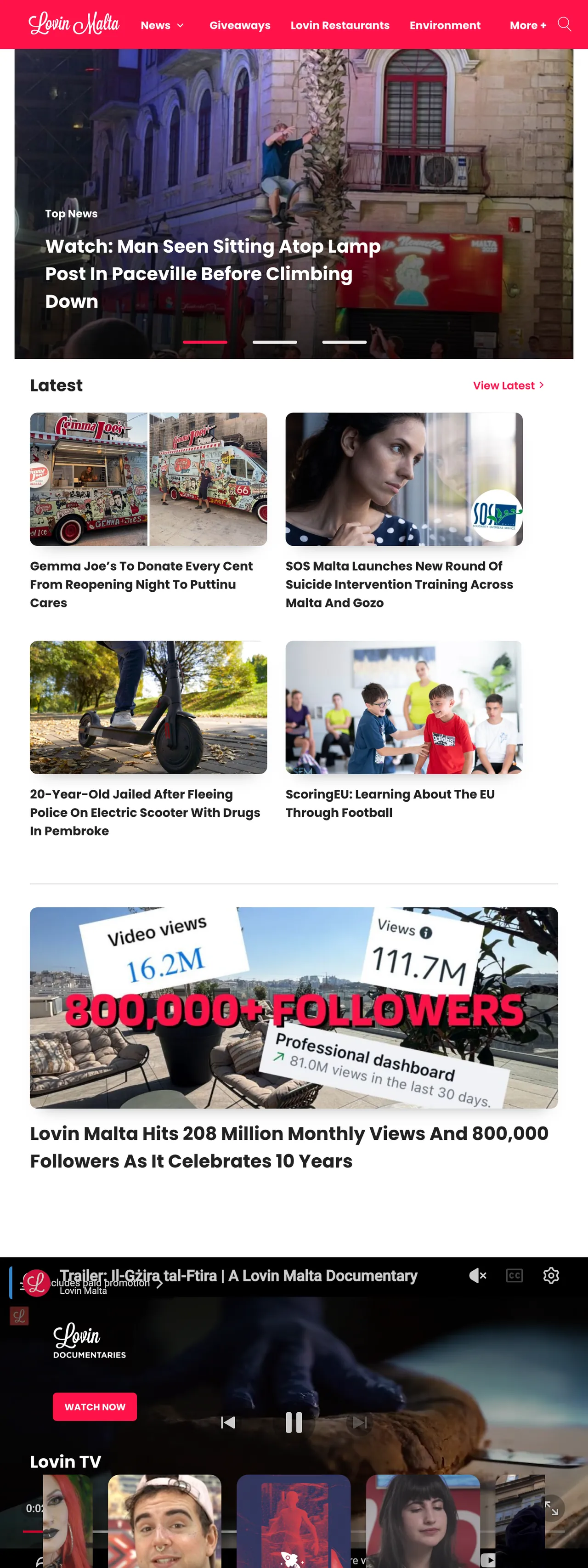 Screenshot of the Lovin Malta front page