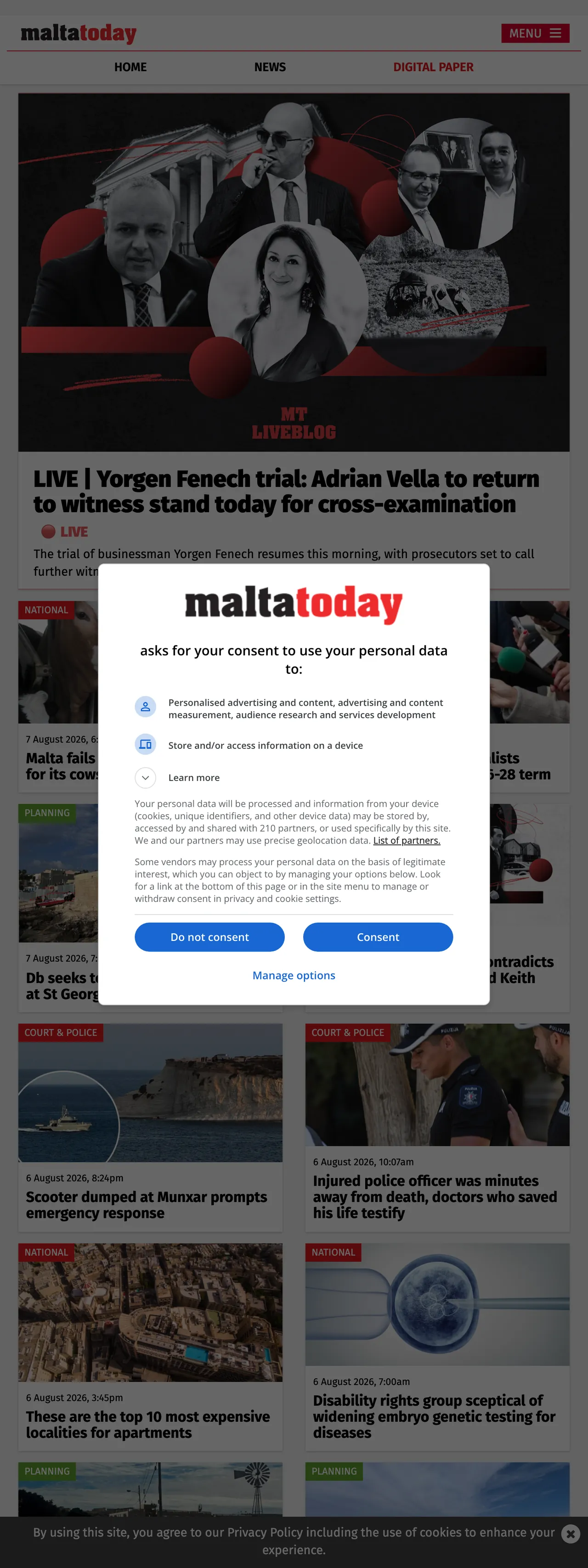 Screenshot of the Malta Today front page