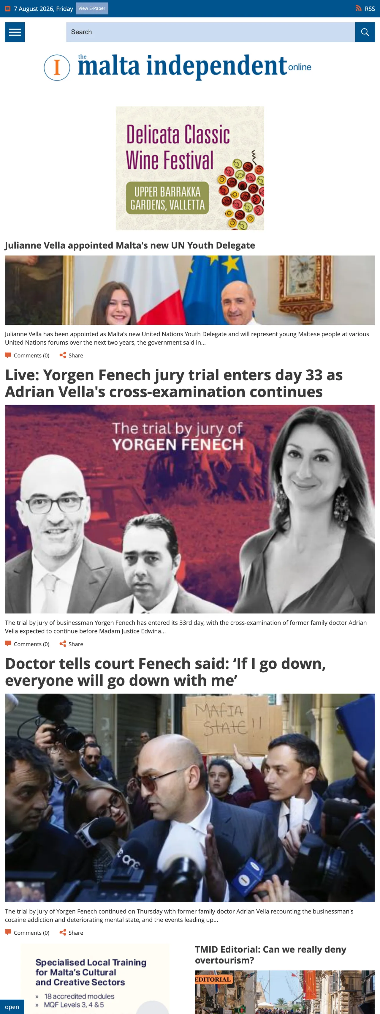 Screenshot of the The Malta Independent front page
