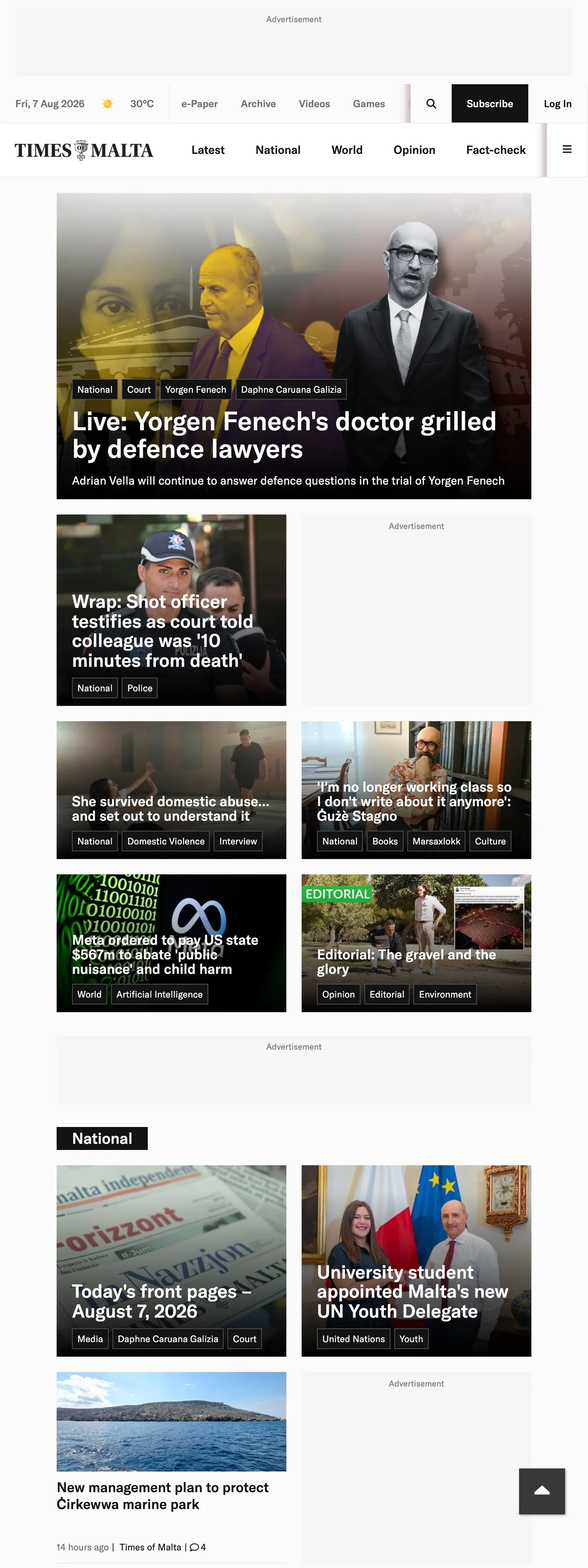 Screenshot of the Times of Malta front page