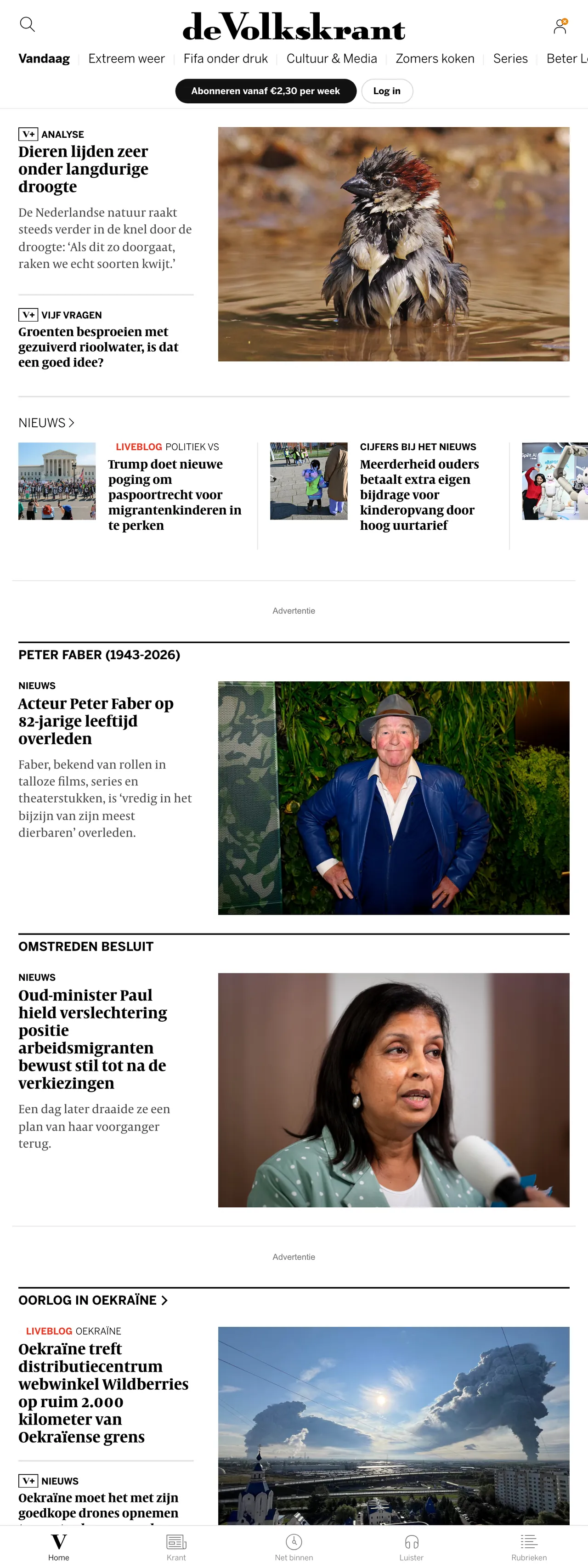 Screenshot of the de Volkskrant front page