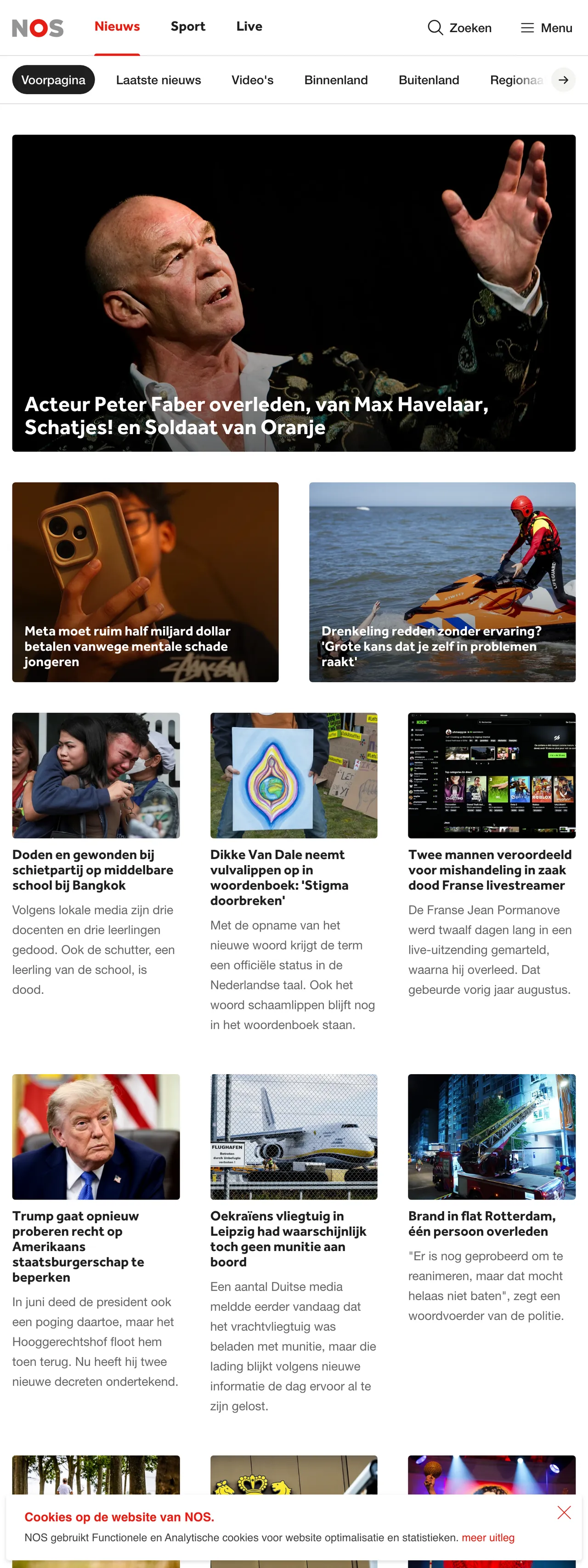 Screenshot of the NOS front page