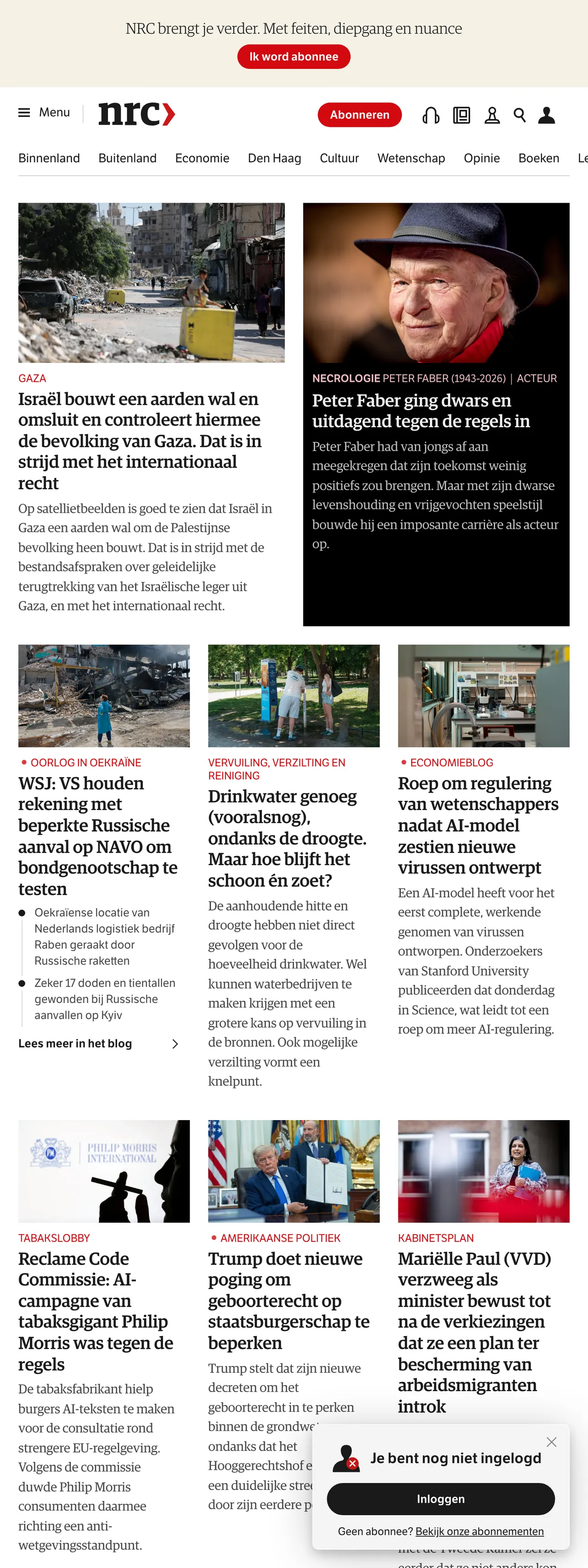 Screenshot of the NRC front page