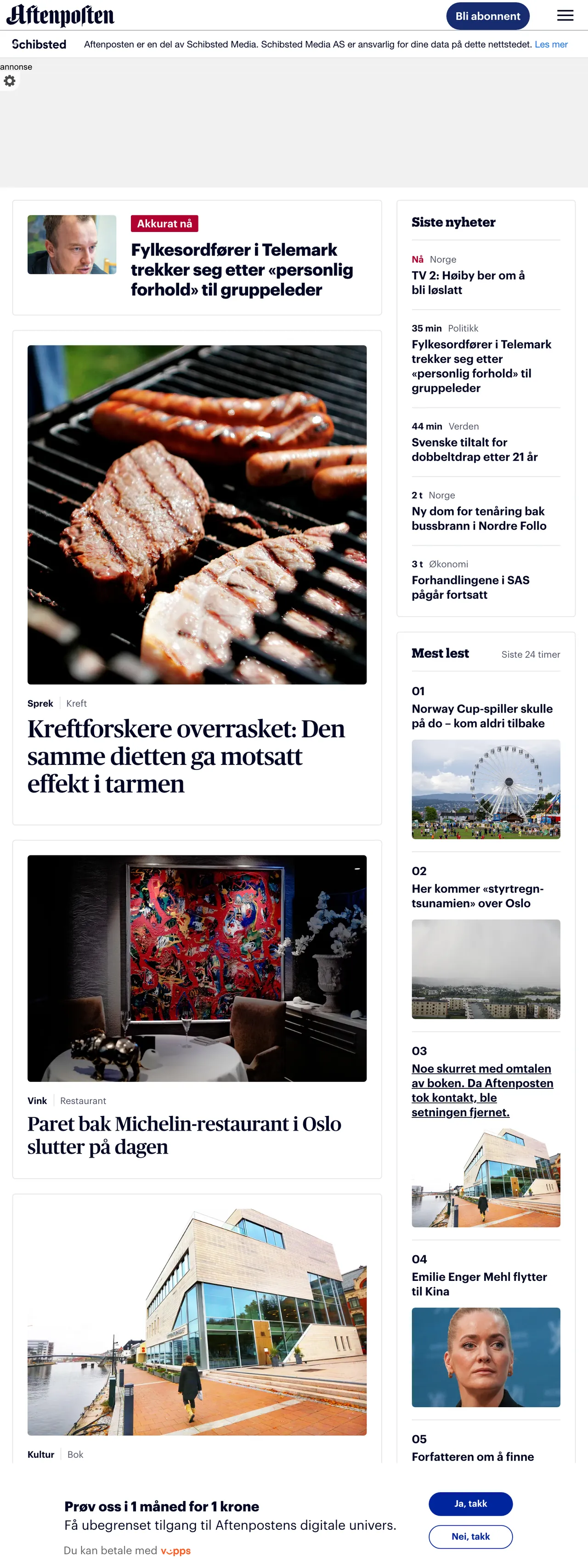 Screenshot of the Aftenposten front page