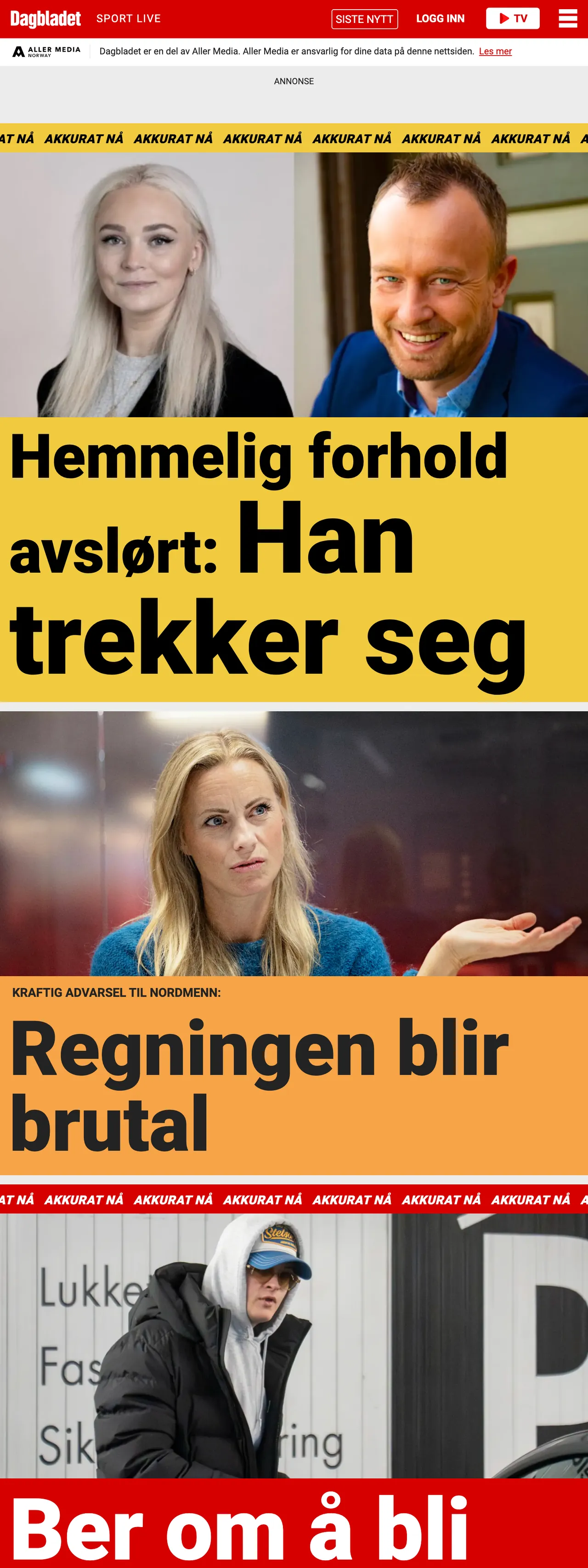 Screenshot of the Dagbladet front page