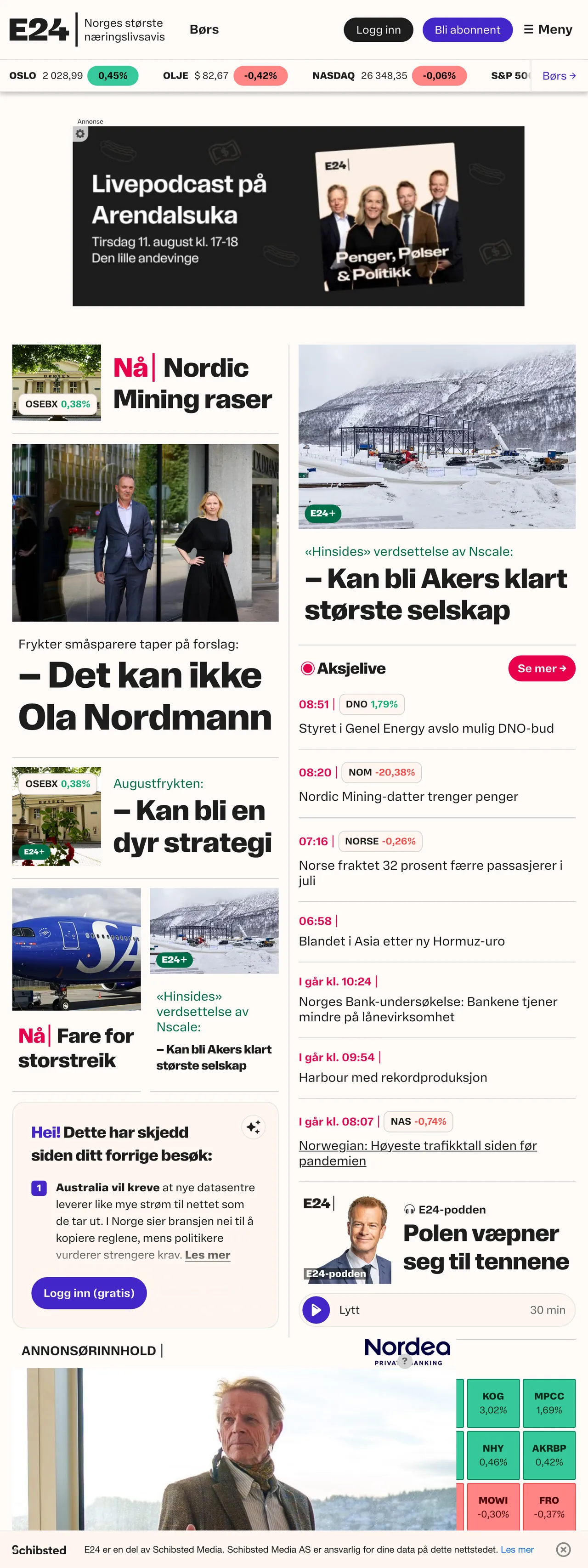 Screenshot of the E24 front page