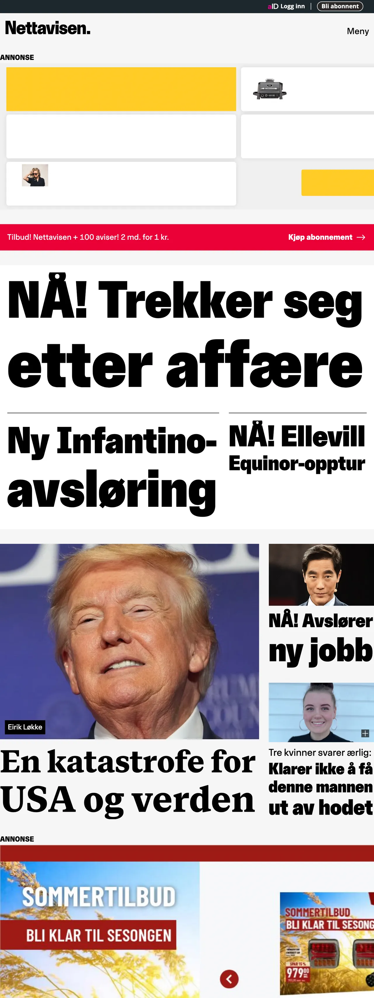 Screenshot of the Nettavisen front page