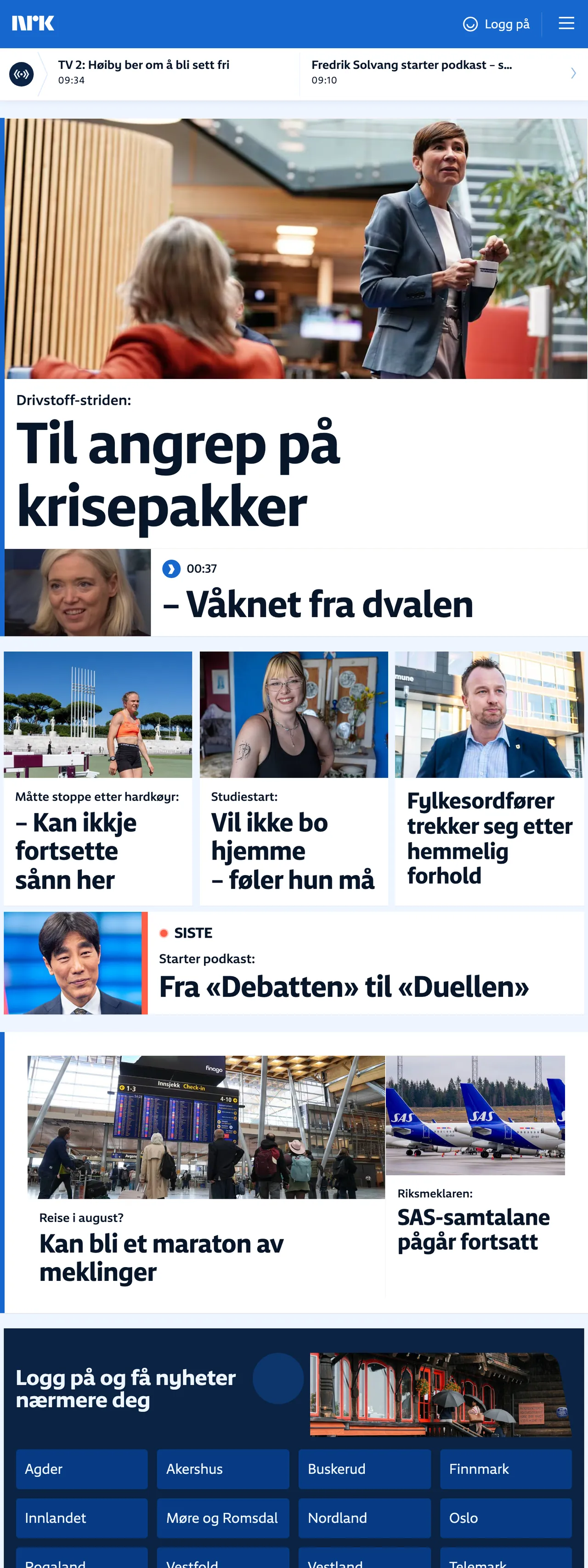 Screenshot of the NRK front page