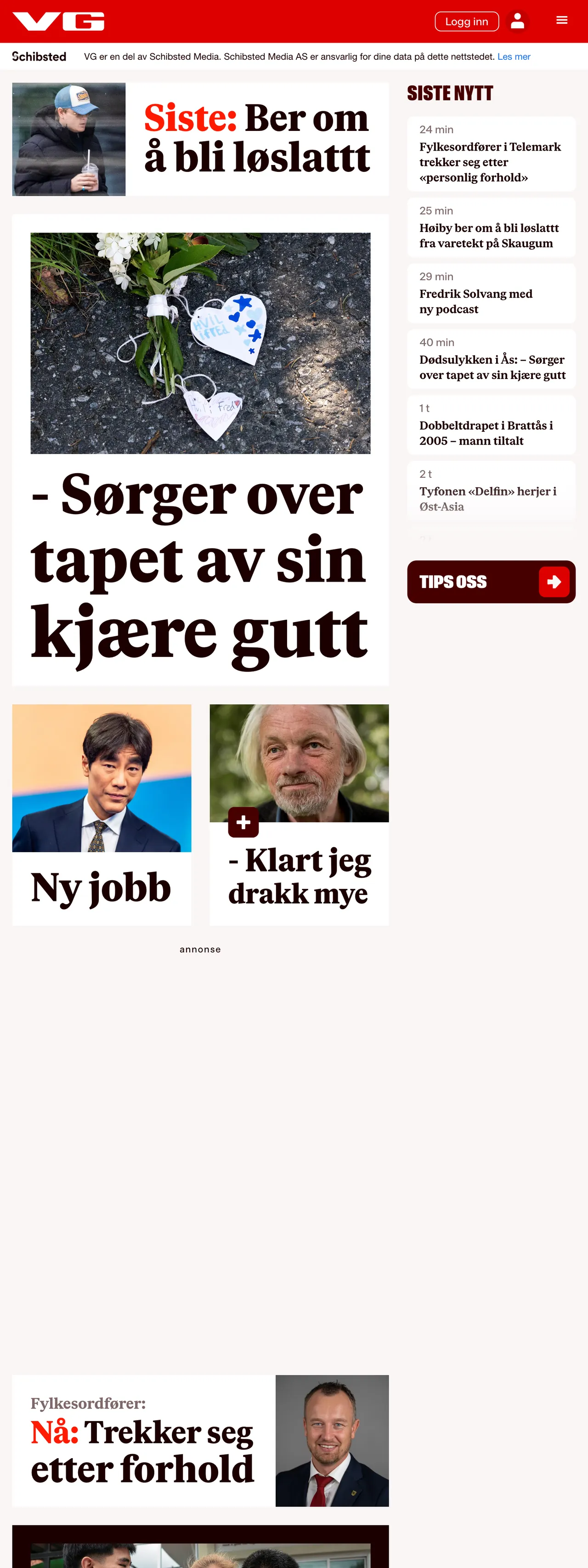 Screenshot of the VG front page