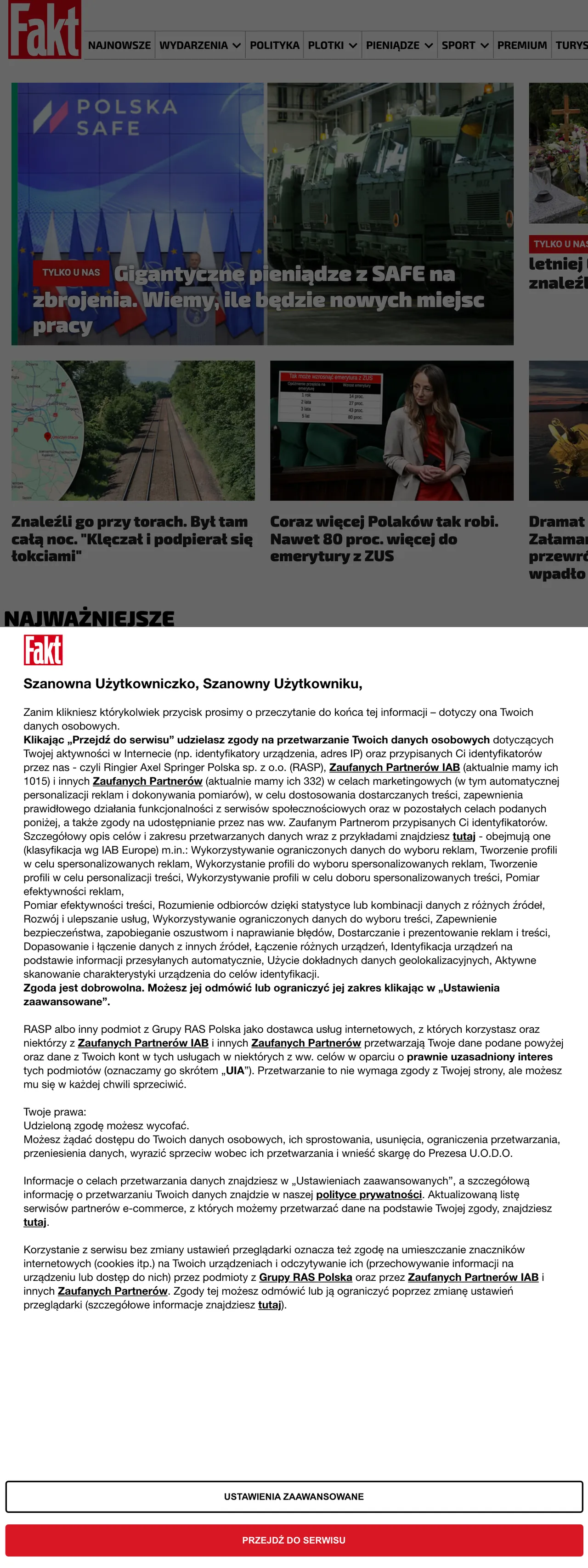 Screenshot of the Fakt front page