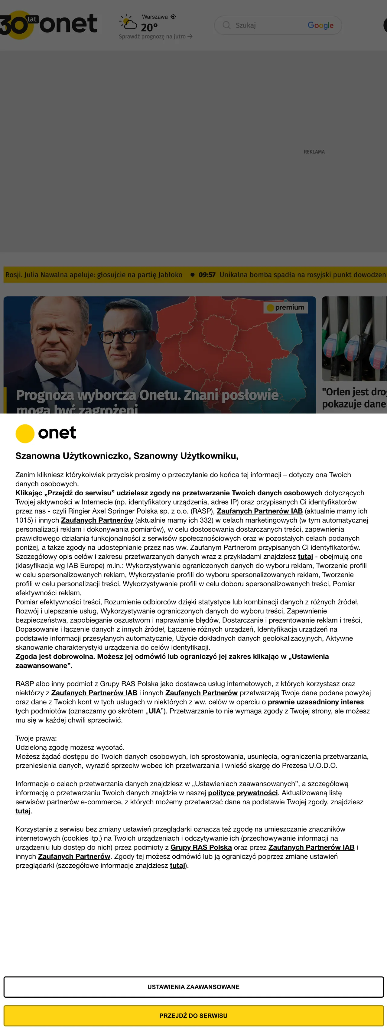 Screenshot of the Onet front page