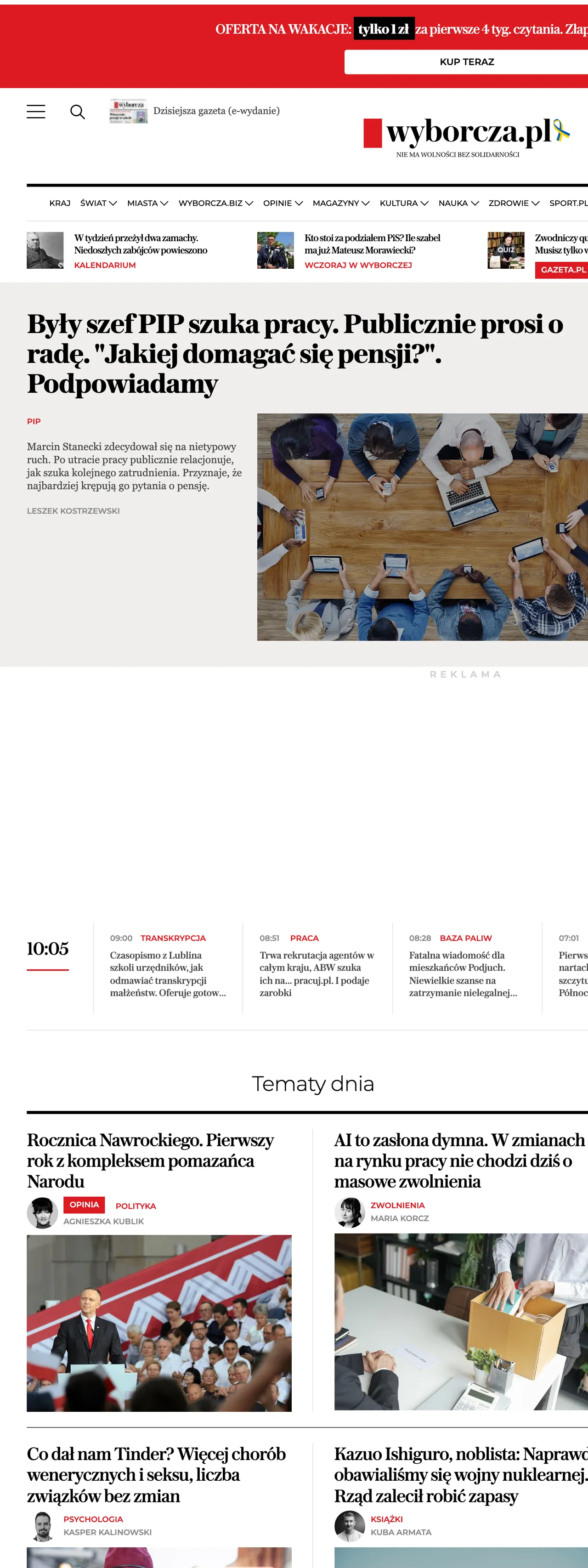 Screenshot of the Wyborcza front page