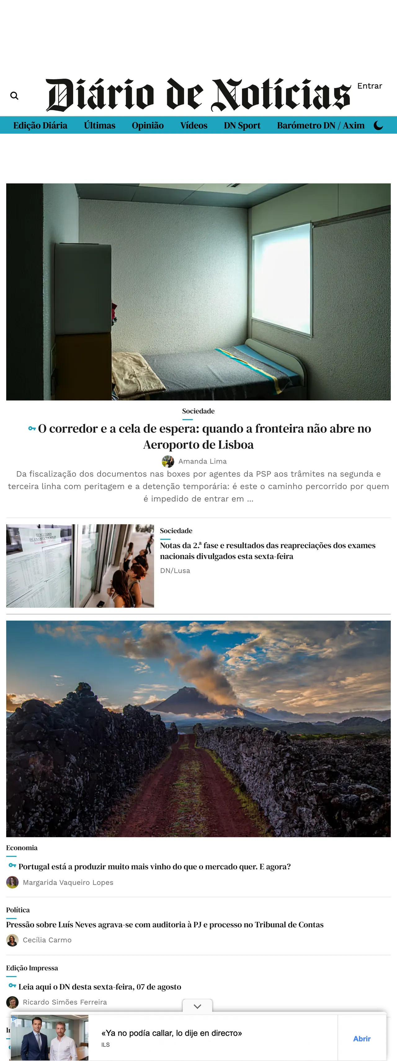 Screenshot of the Diário de Notícias front page