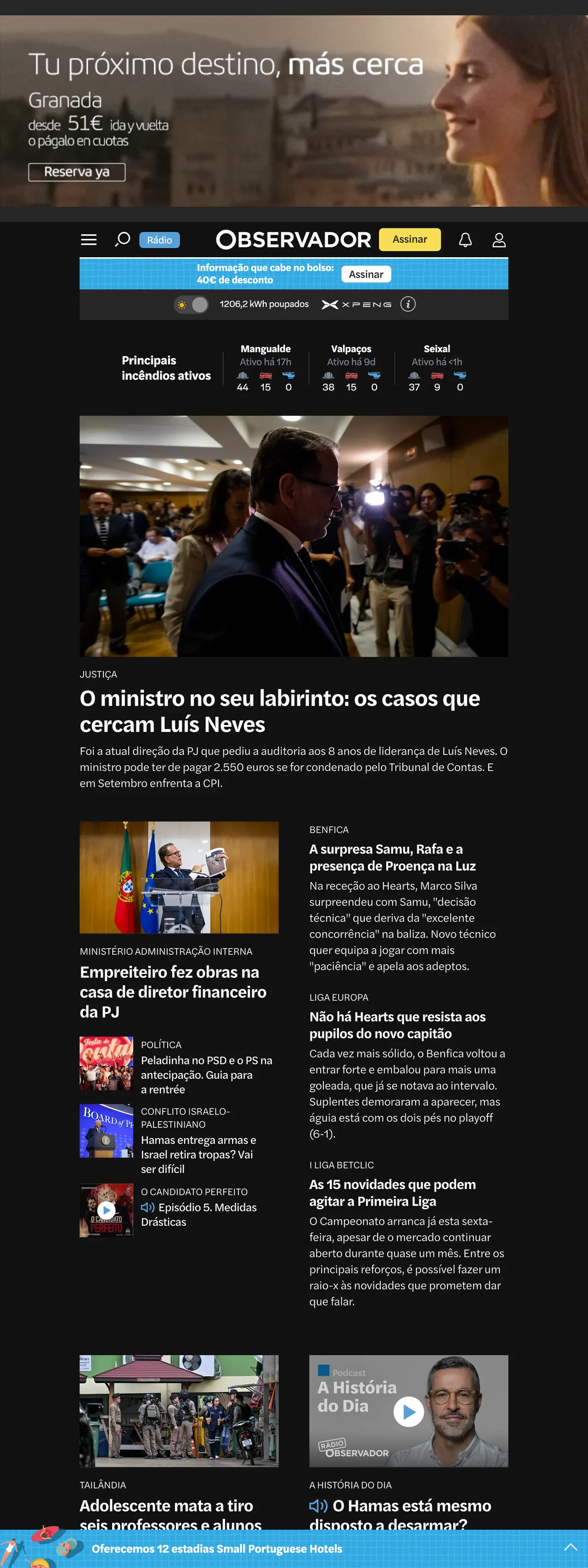 Screenshot of the Observador front page