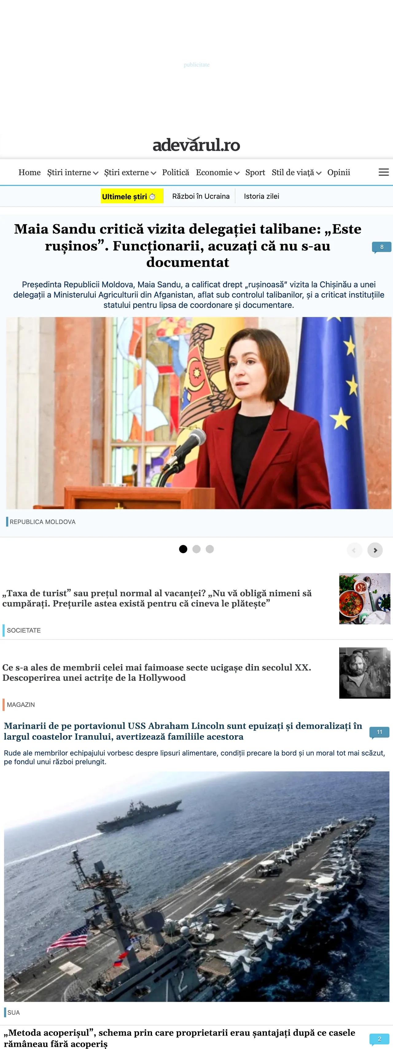 Screenshot of the Adevărul front page