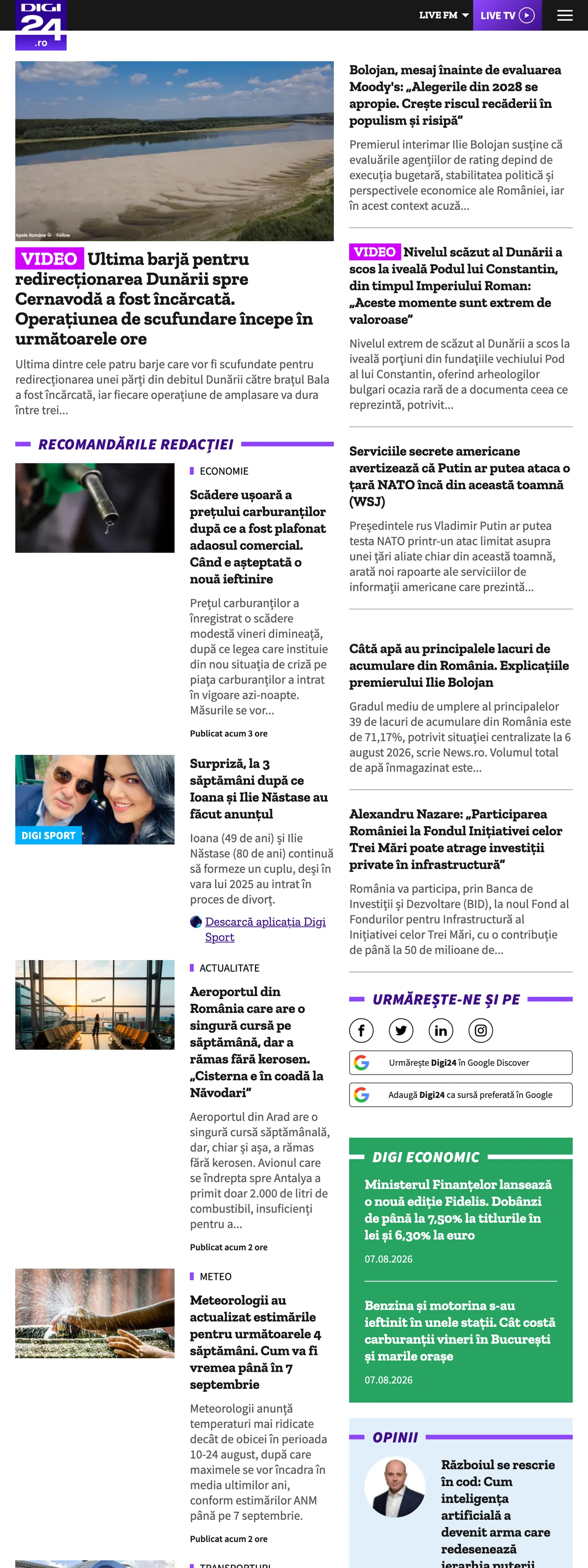 Screenshot of the Digi24 front page