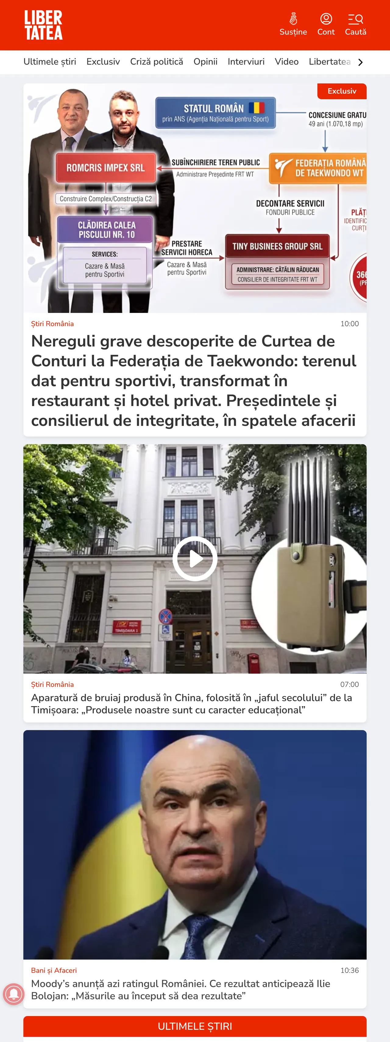 Screenshot of the Libertatea front page