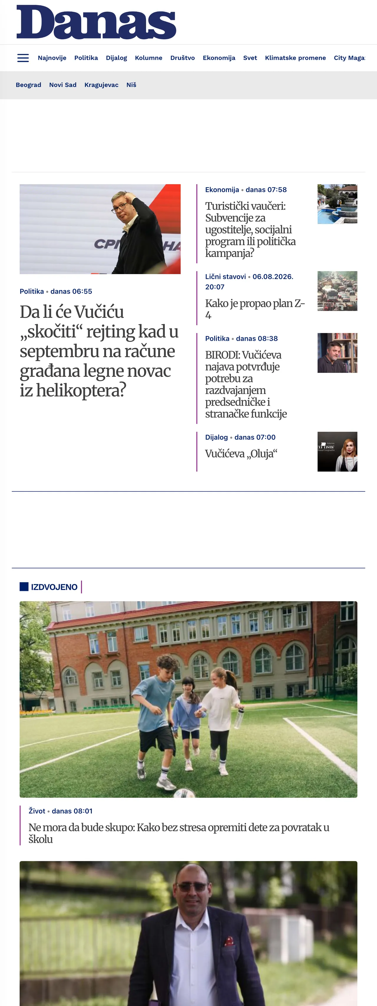 Screenshot of the Danas front page