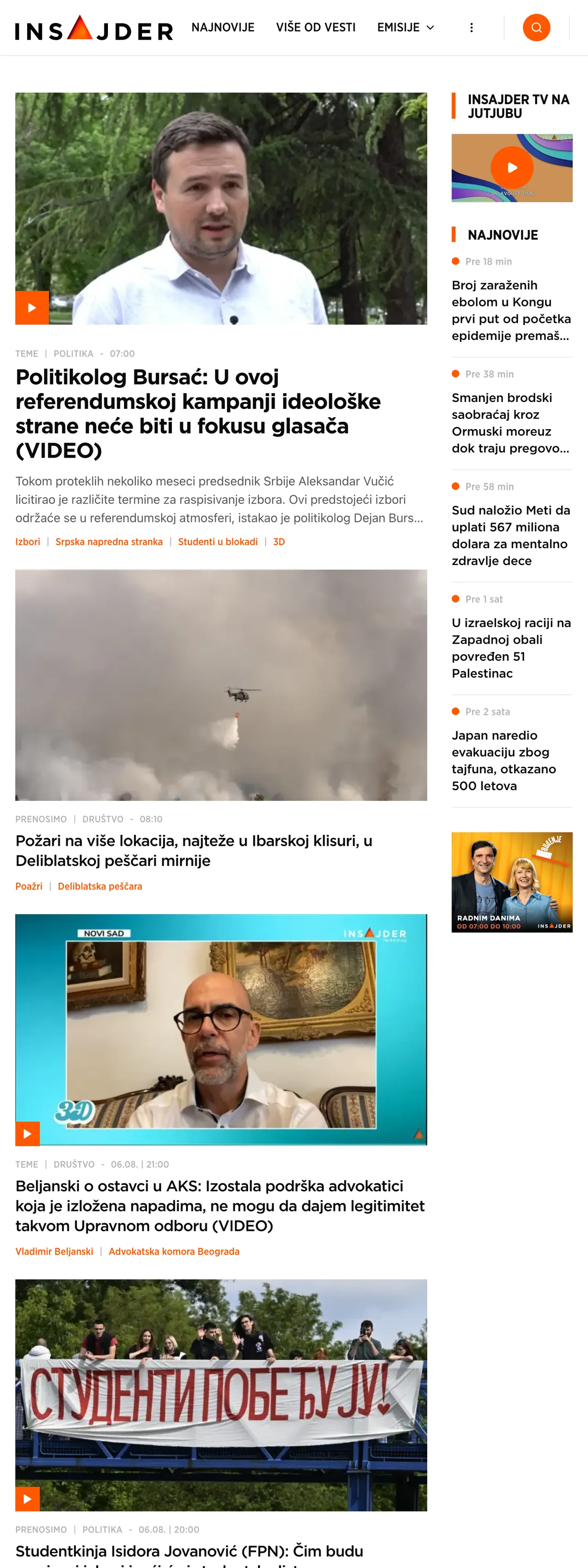 Screenshot of the Insajder front page